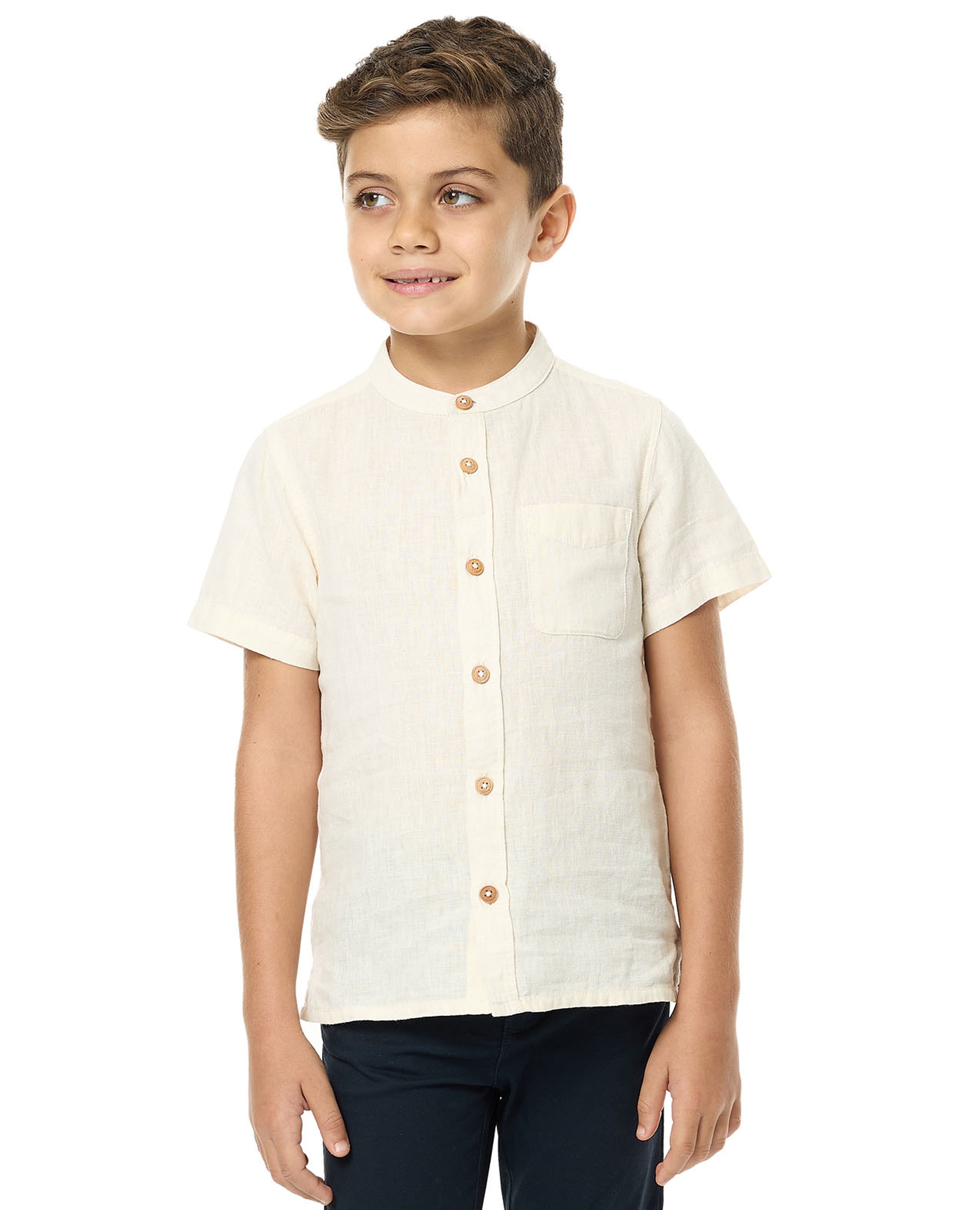 Pocket Detail Shirt with Mandarin Collar and Short Sleeves