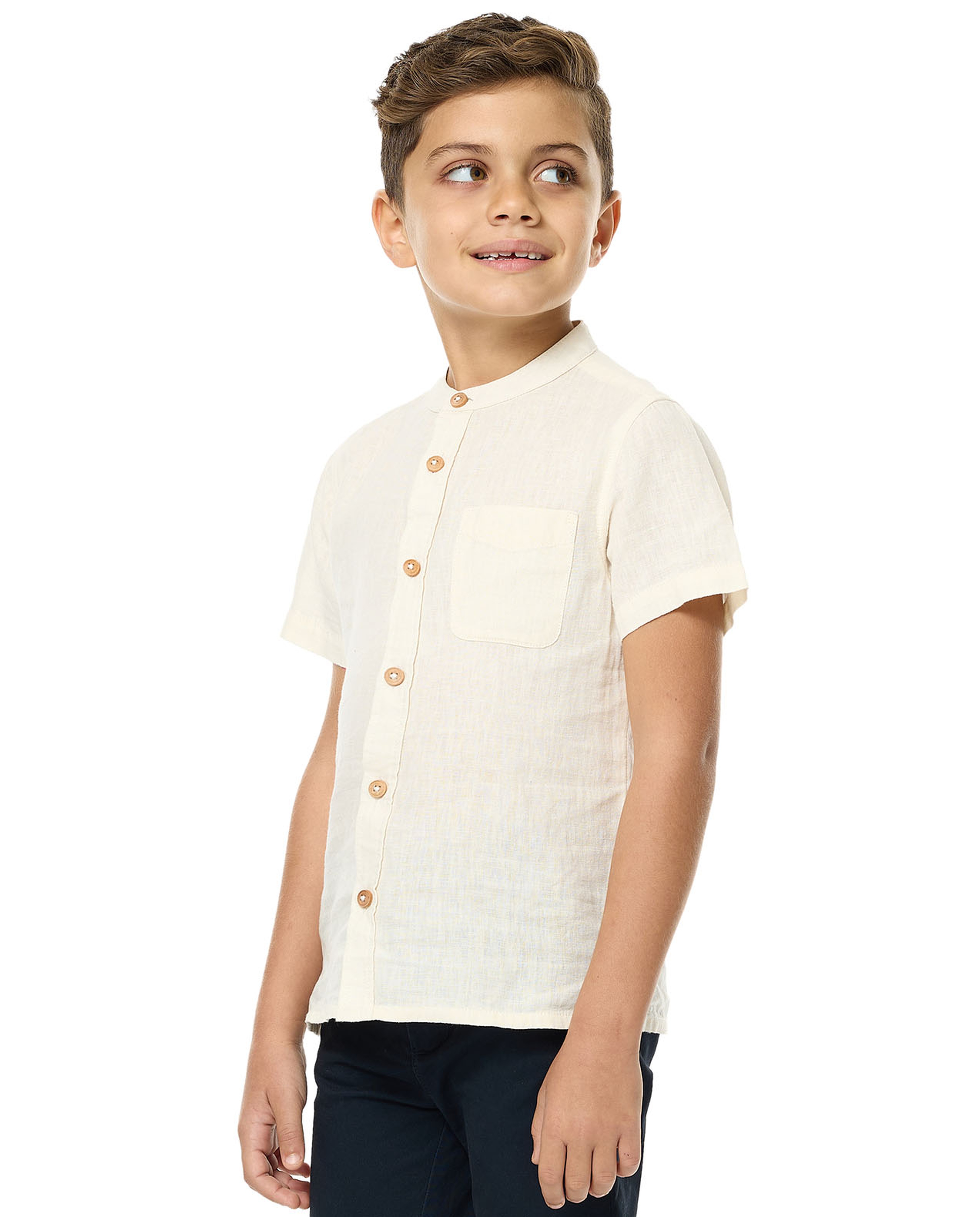 Pocket Detail Shirt with Mandarin Collar and Short Sleeves