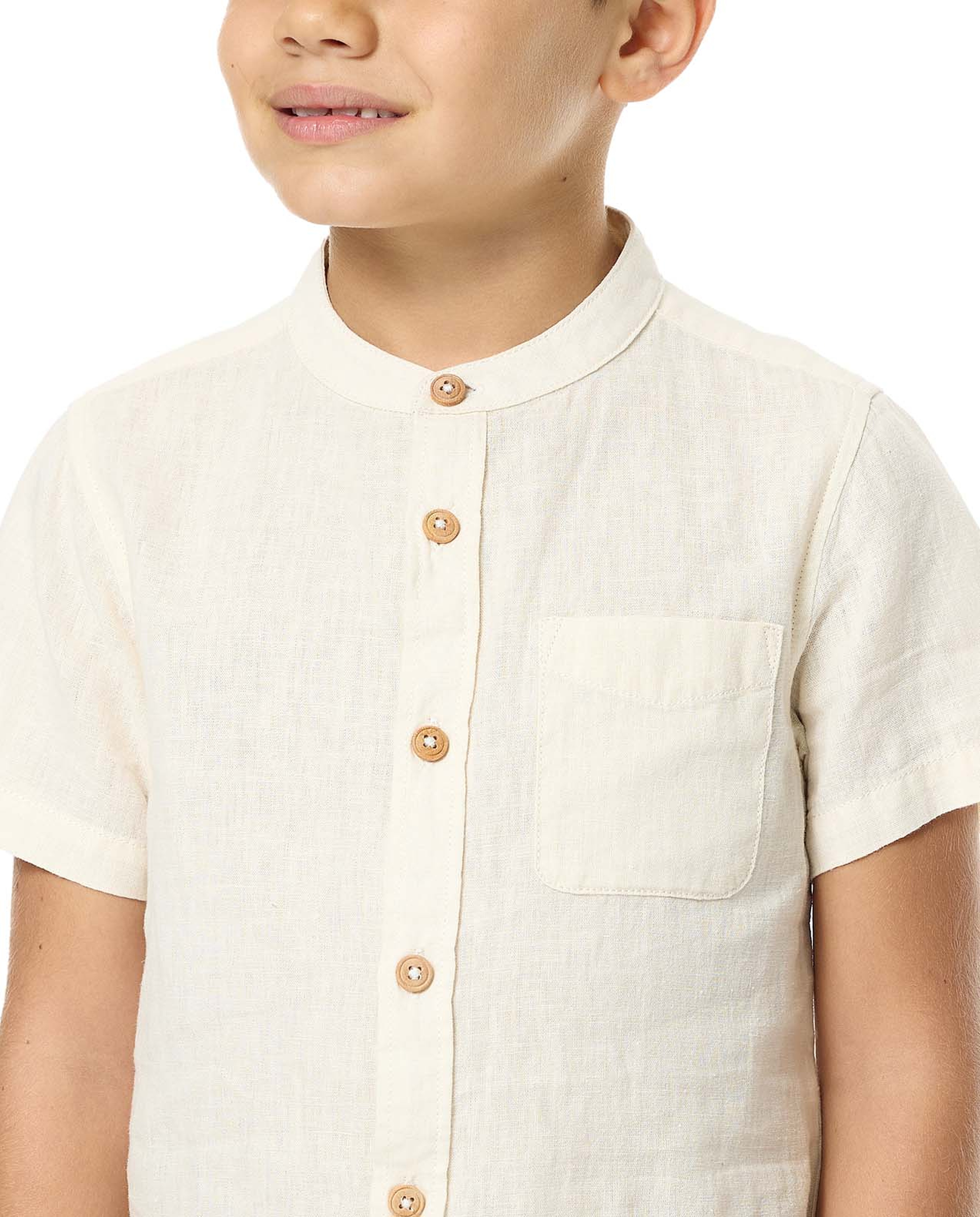 Pocket Detail Shirt with Mandarin Collar and Short Sleeves