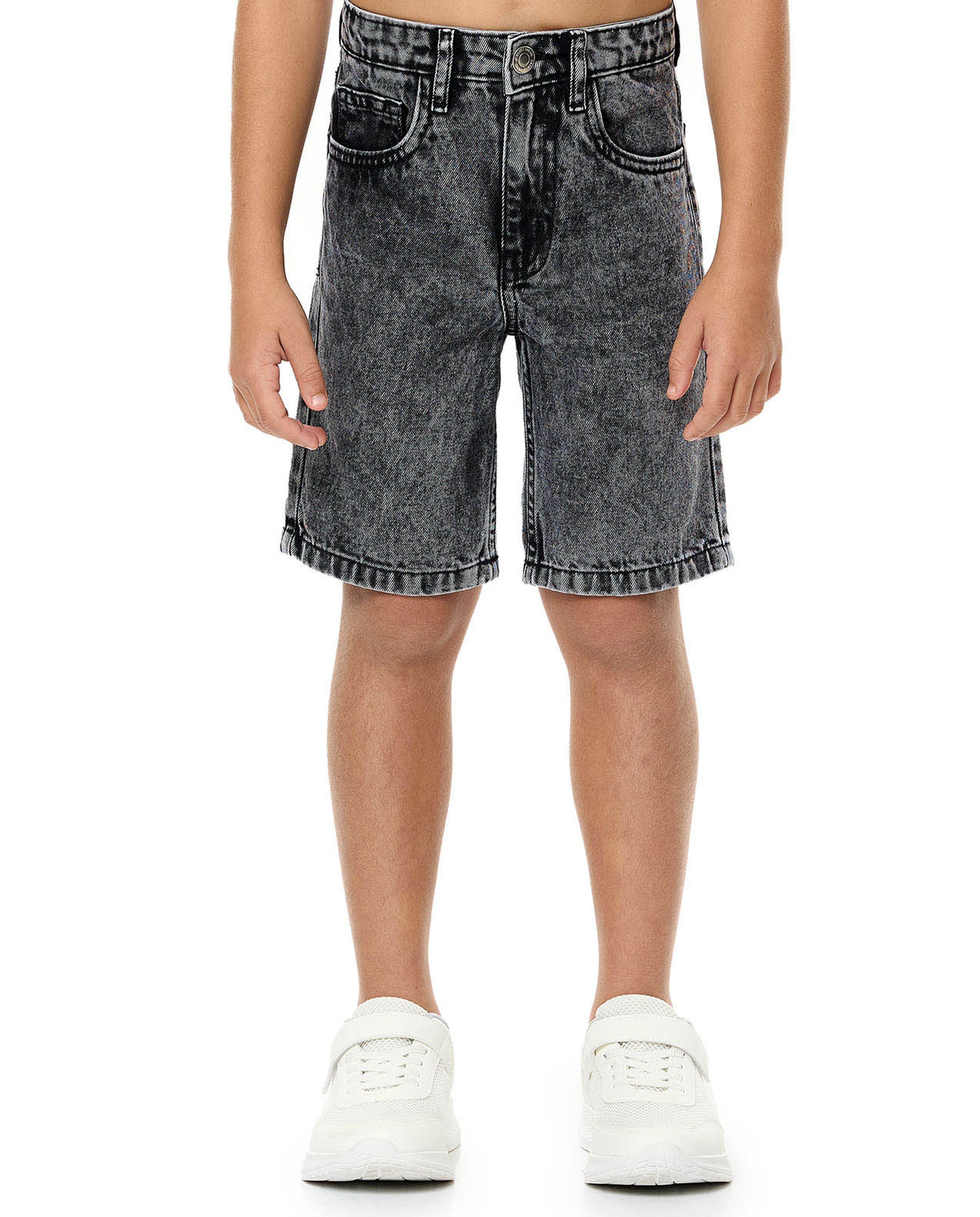 Washed Denim Shorts with Button Closure
