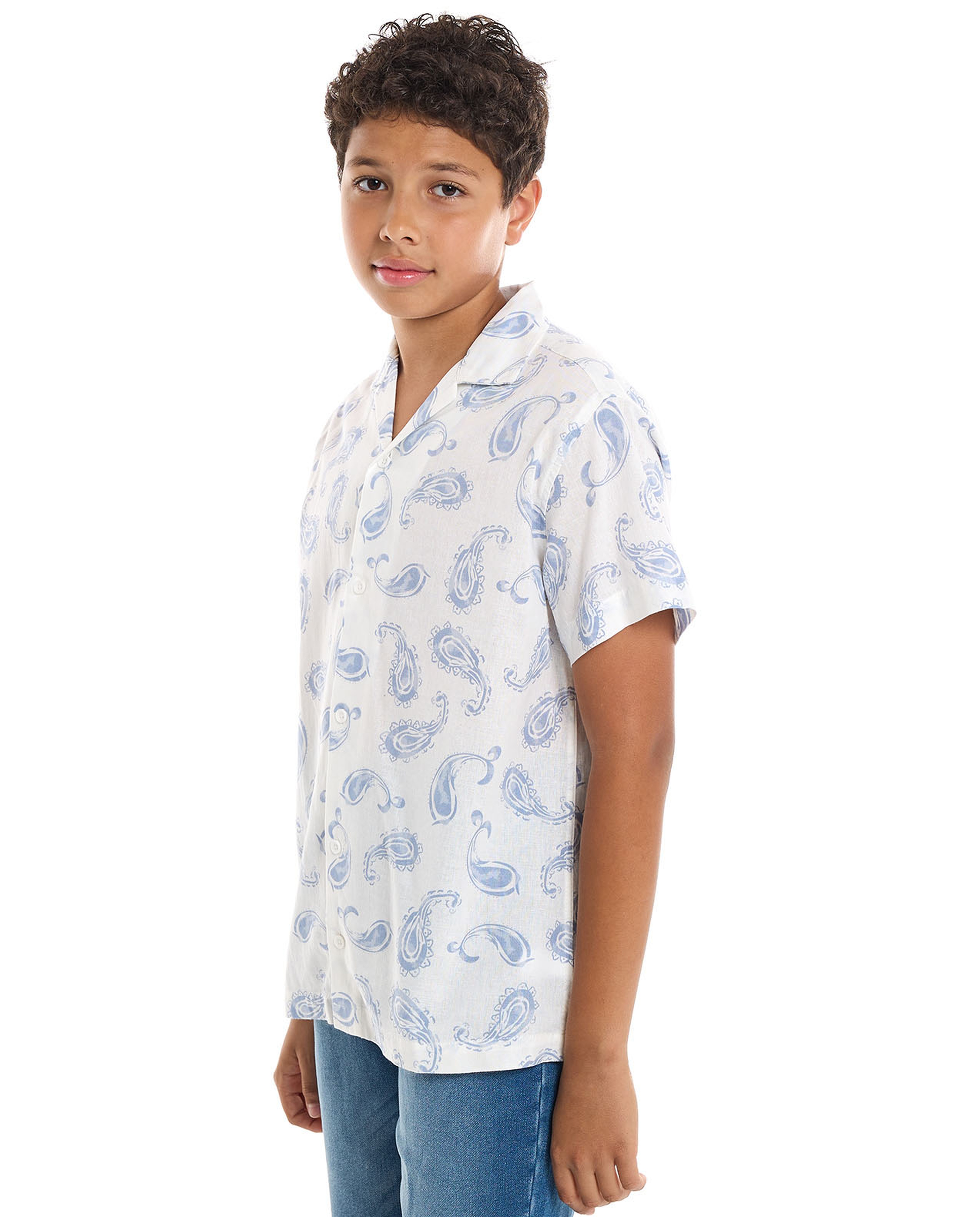 Paisley Patterned Shirt with Revere Collar and Short Sleeves
