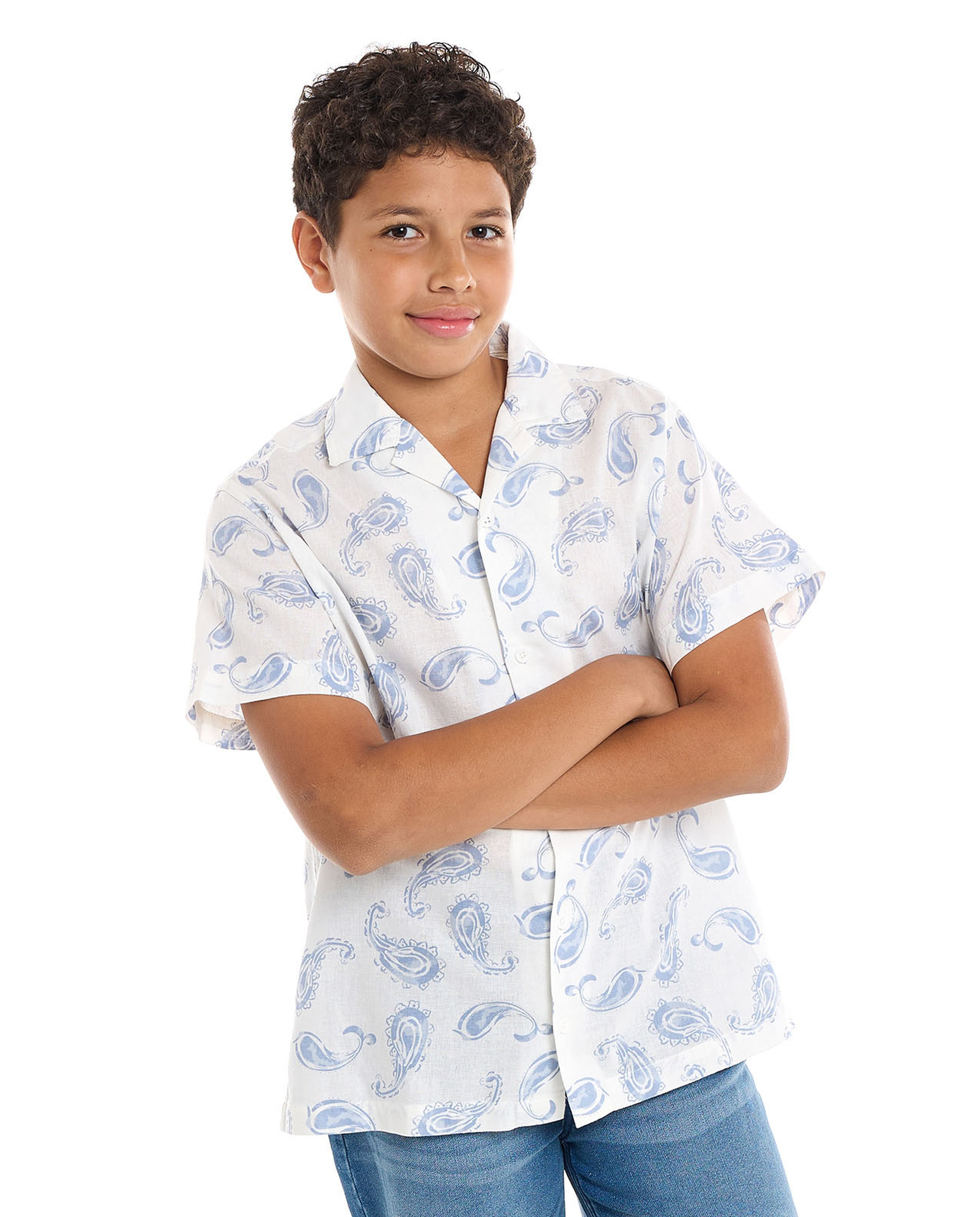 Paisley Patterned Shirt with Revere Collar and Short Sleeves