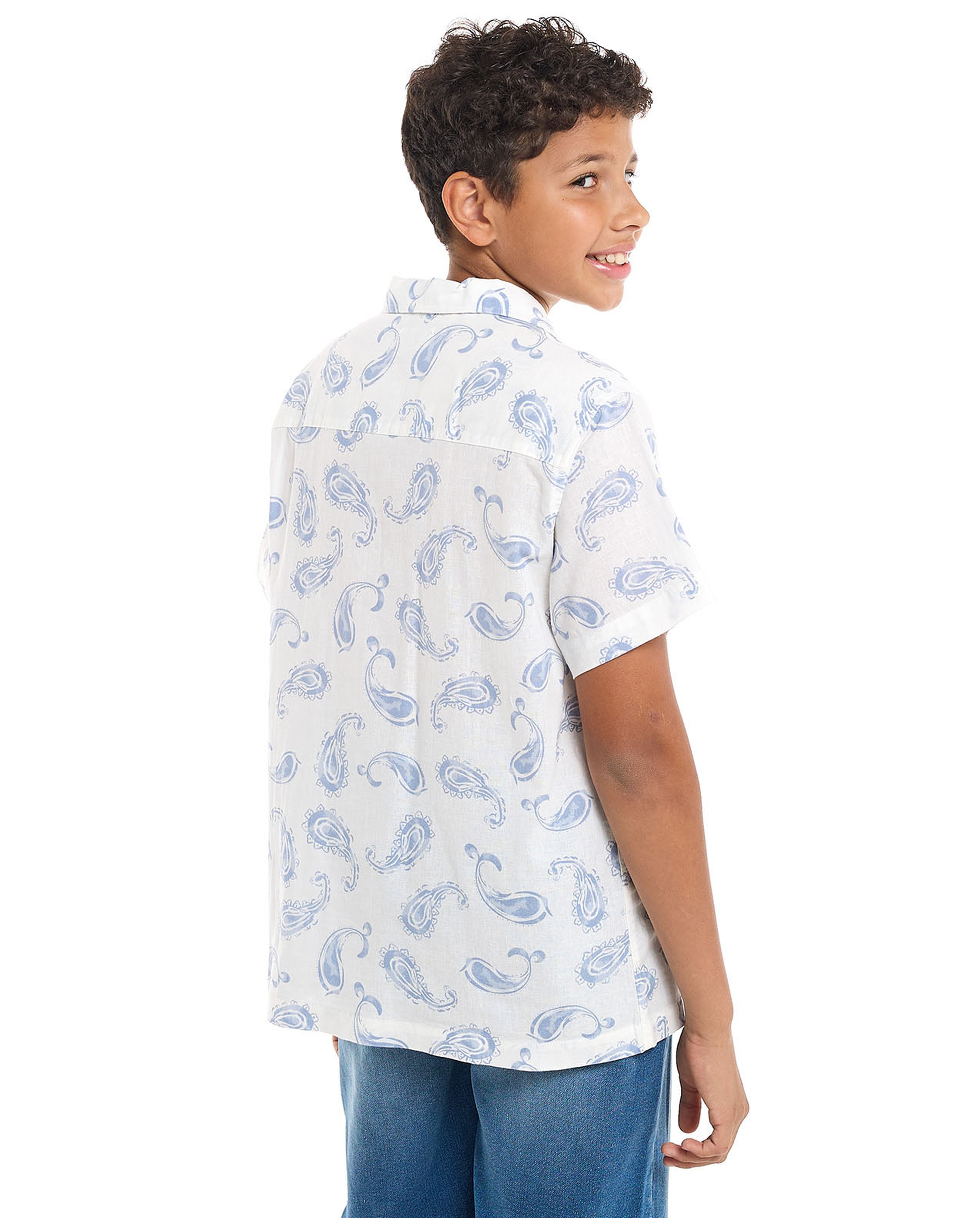 Paisley Patterned Shirt with Revere Collar and Short Sleeves