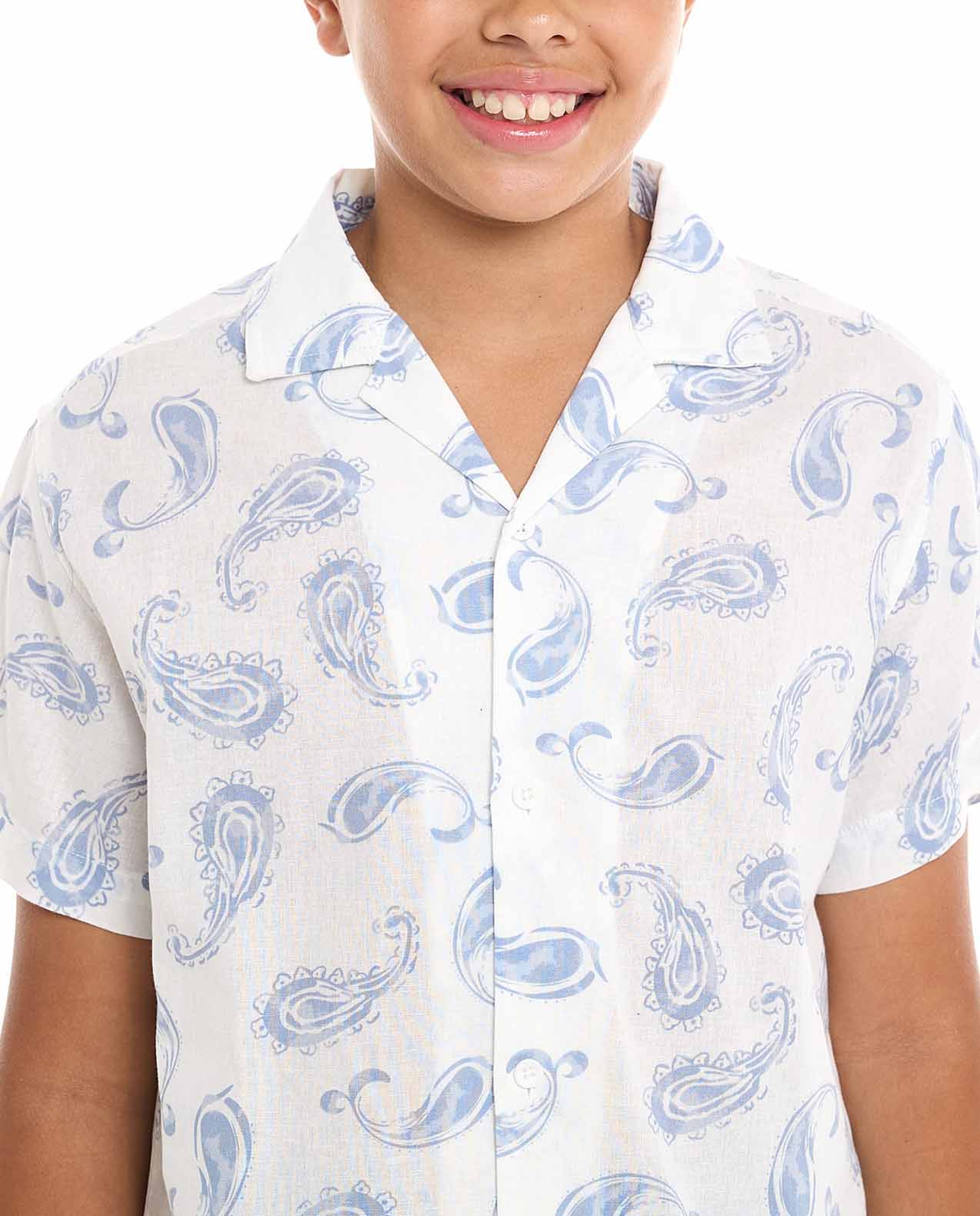Paisley Patterned Shirt with Revere Collar and Short Sleeves