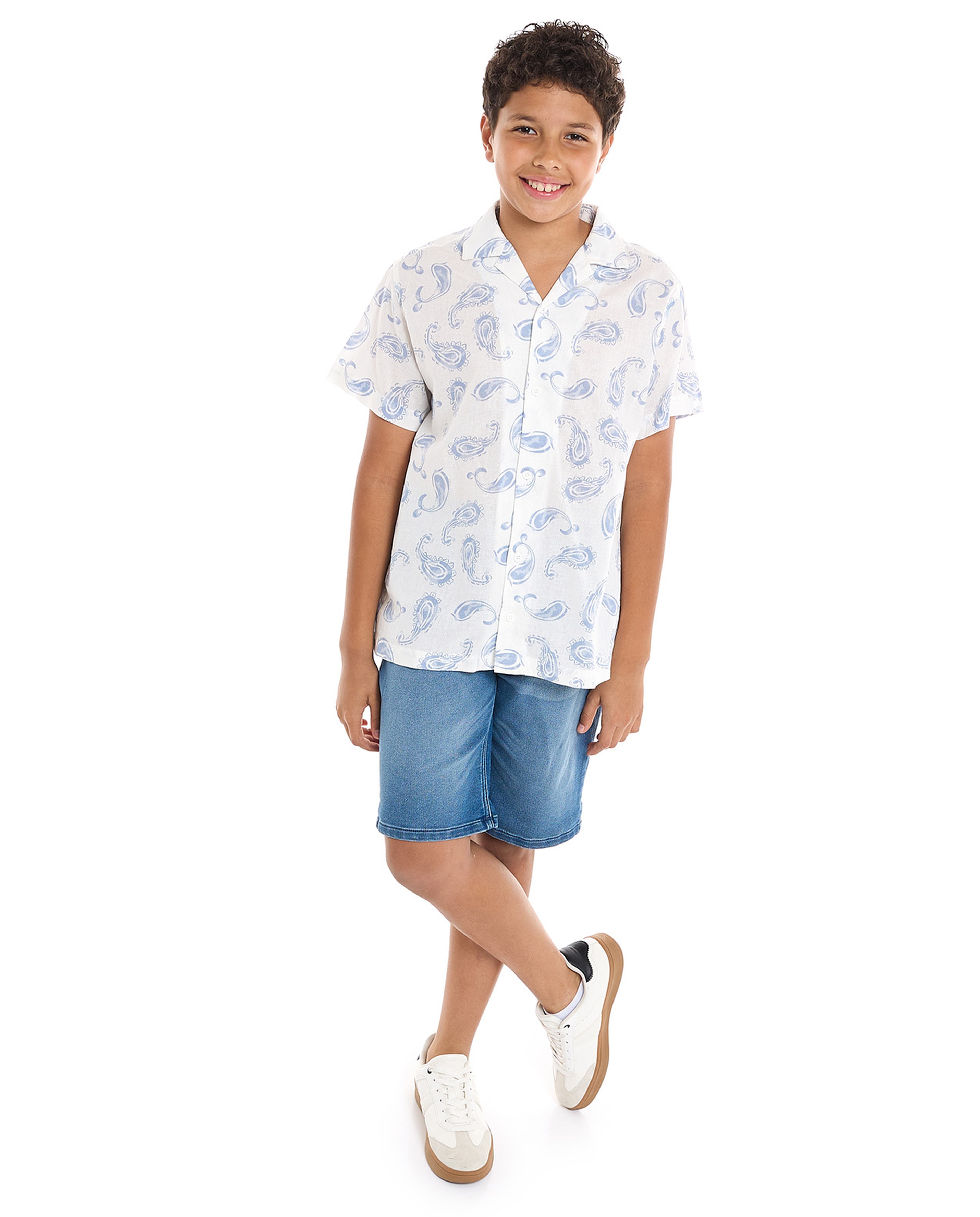Paisley Patterned Shirt with Revere Collar and Short Sleeves