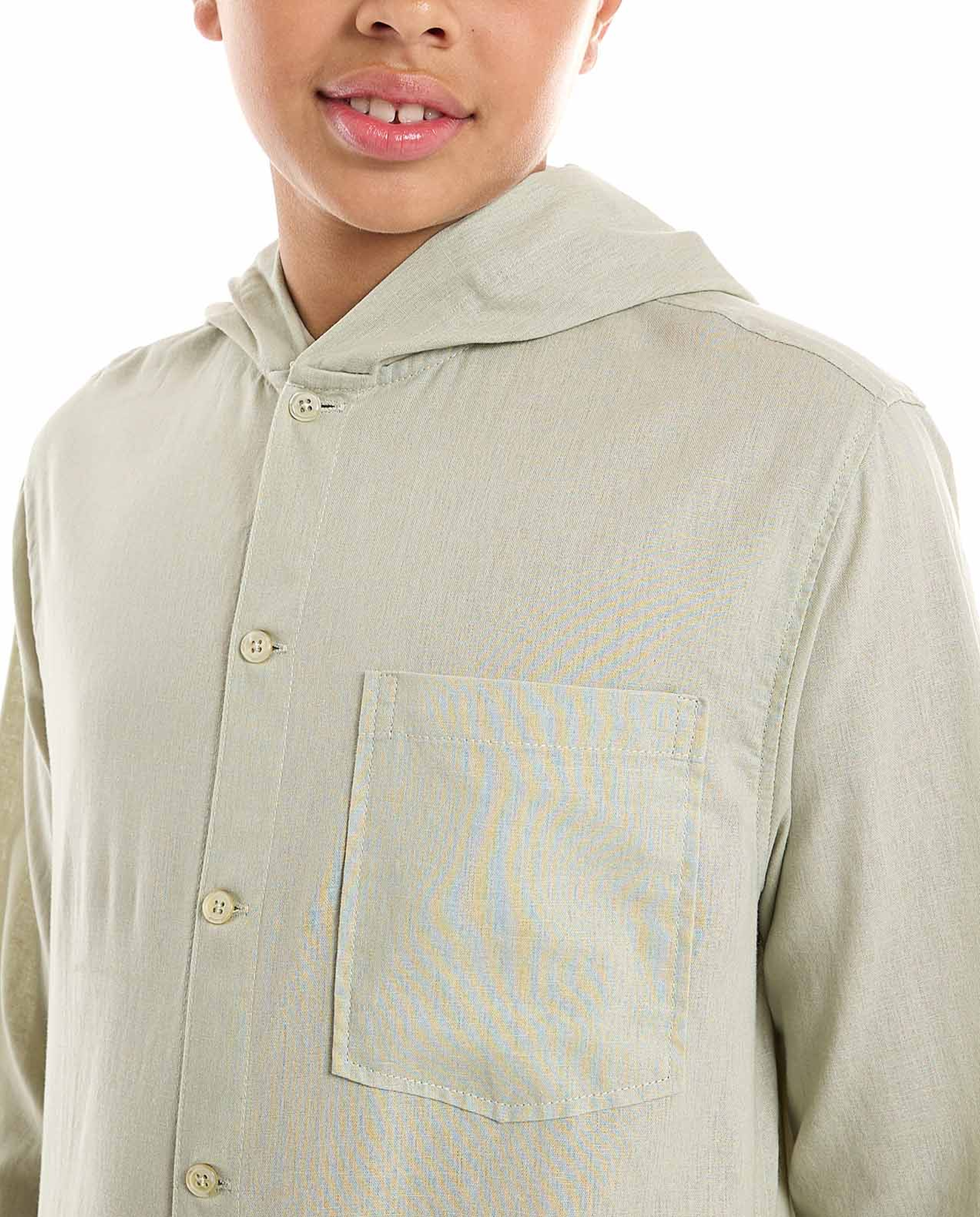 Pocket Detail Hooded Shirt with Long Sleeves