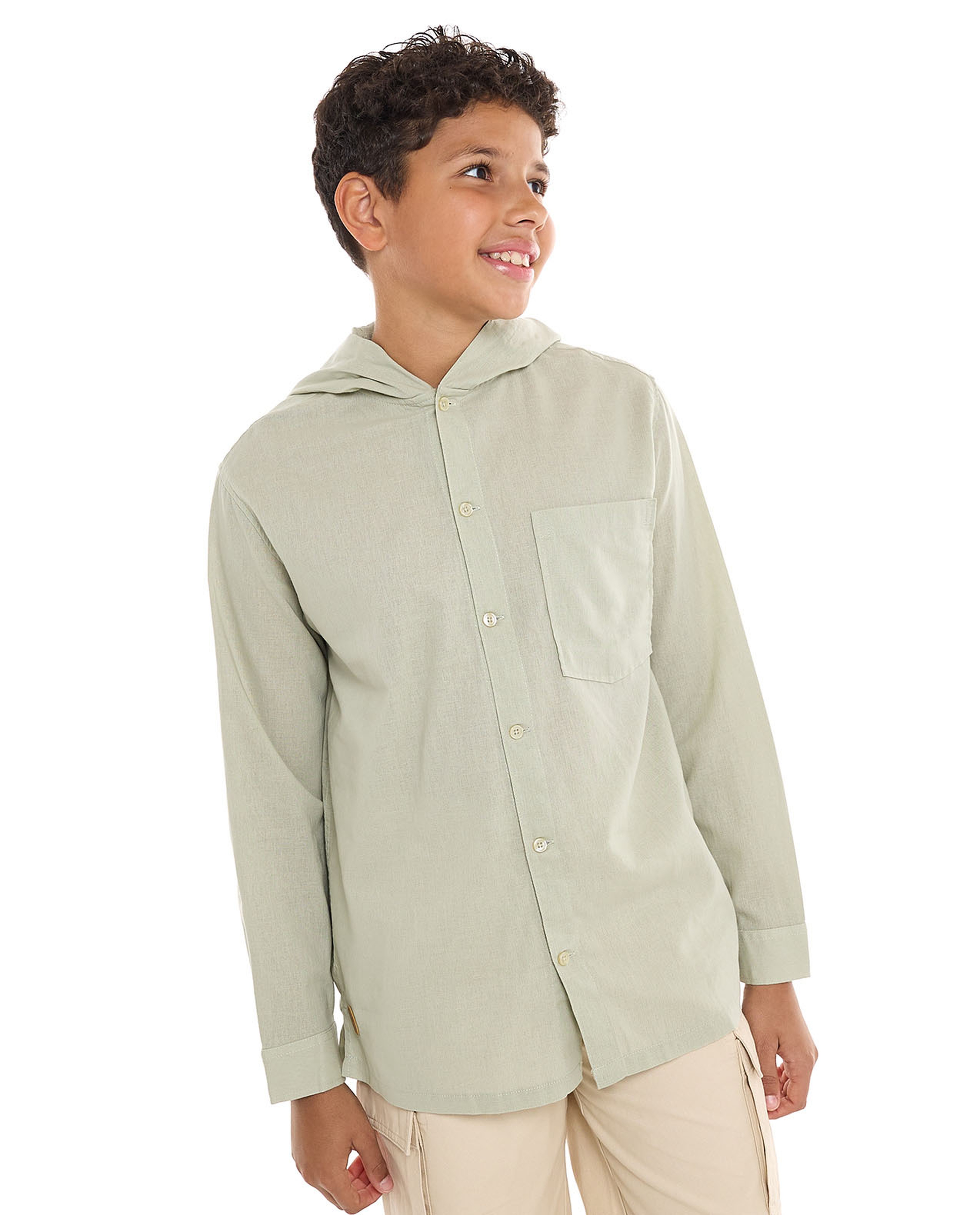 Pocket Detail Hooded Shirt with Long Sleeves