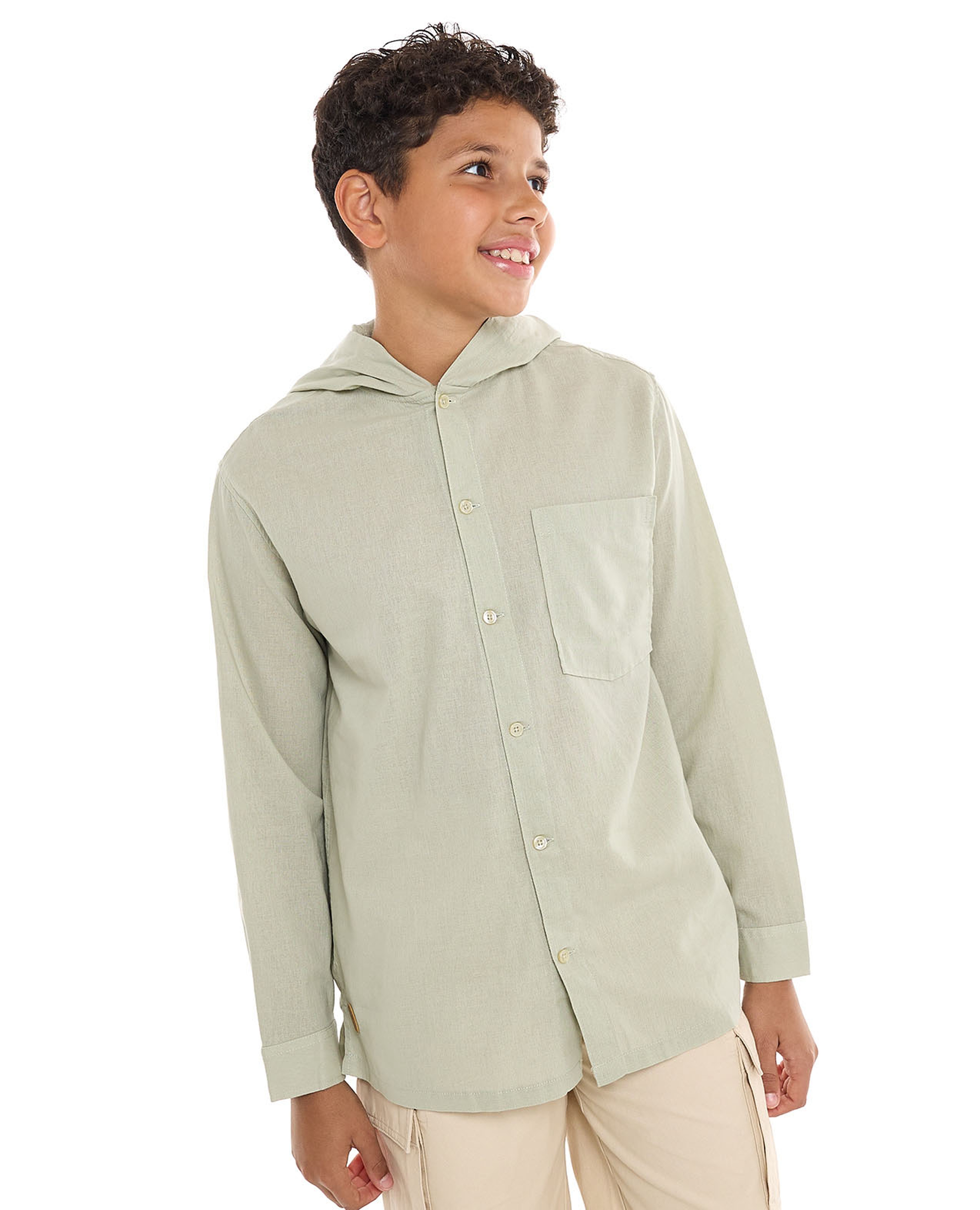 Pocket Detail Hooded Shirt with Long Sleeves