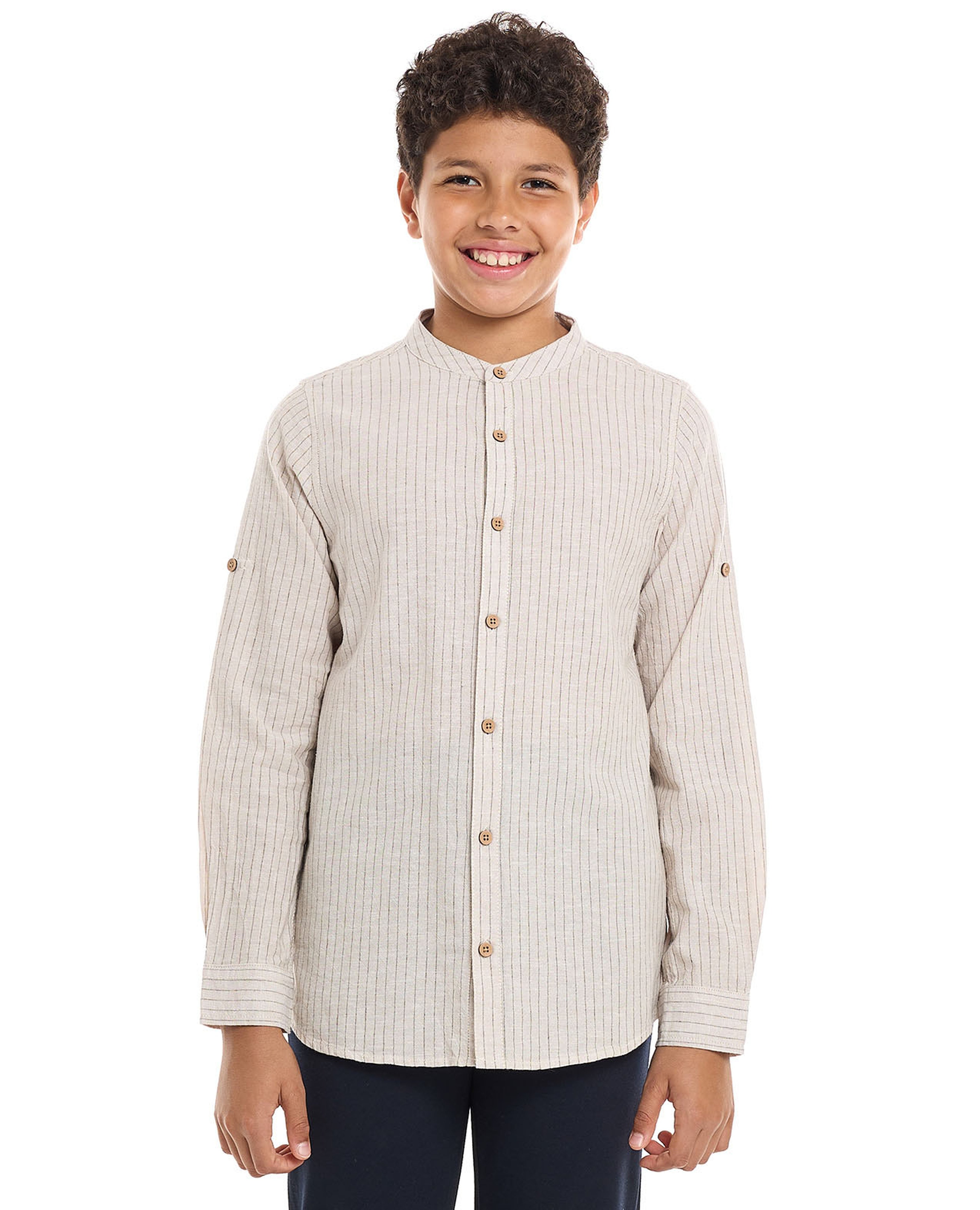 Striped Shirt with Mandarin Collar and Long Sleeves
