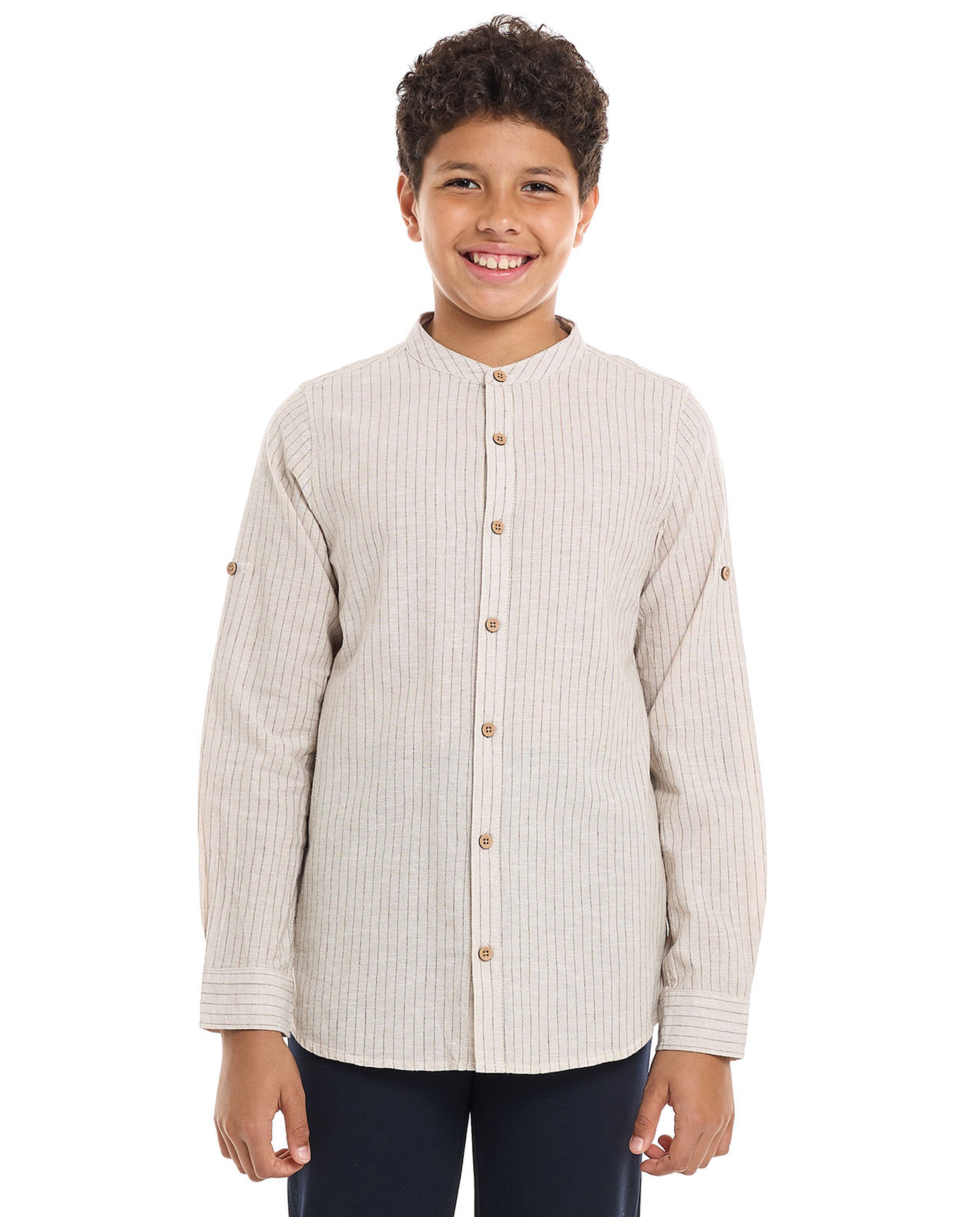 Striped Shirt with Mandarin Collar and Long Sleeves