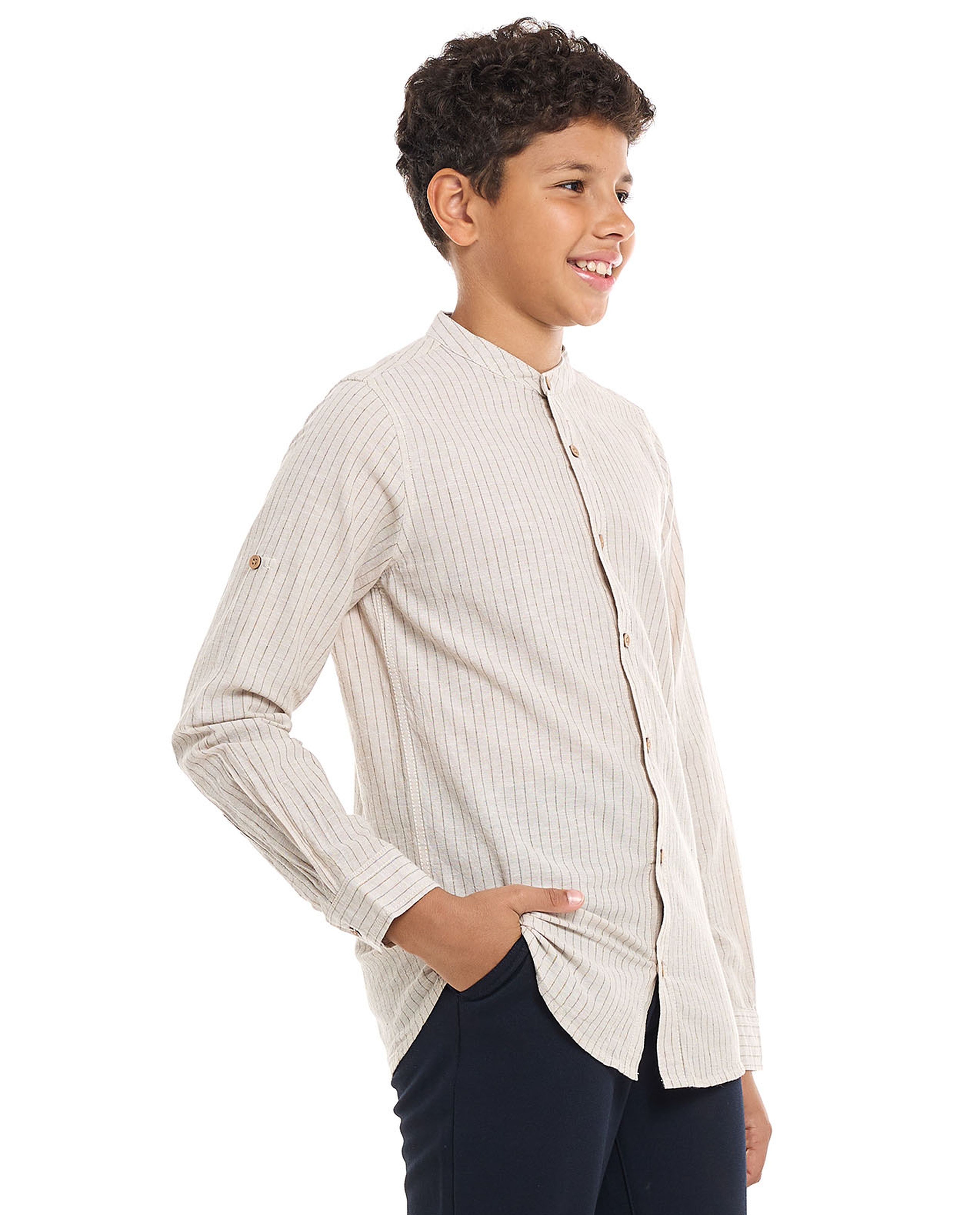 Striped Shirt with Mandarin Collar and Long Sleeves