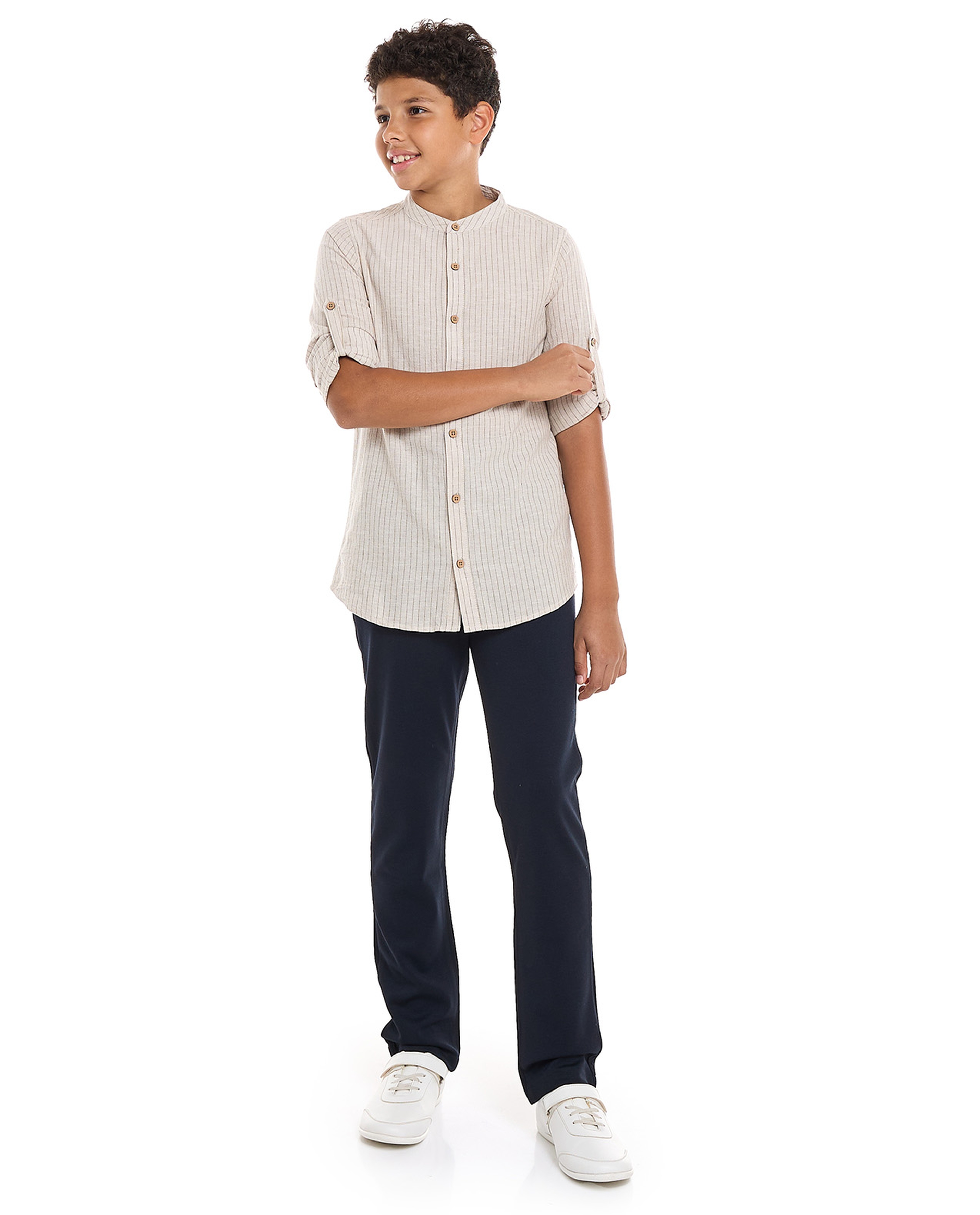 Striped Shirt with Mandarin Collar and Long Sleeves