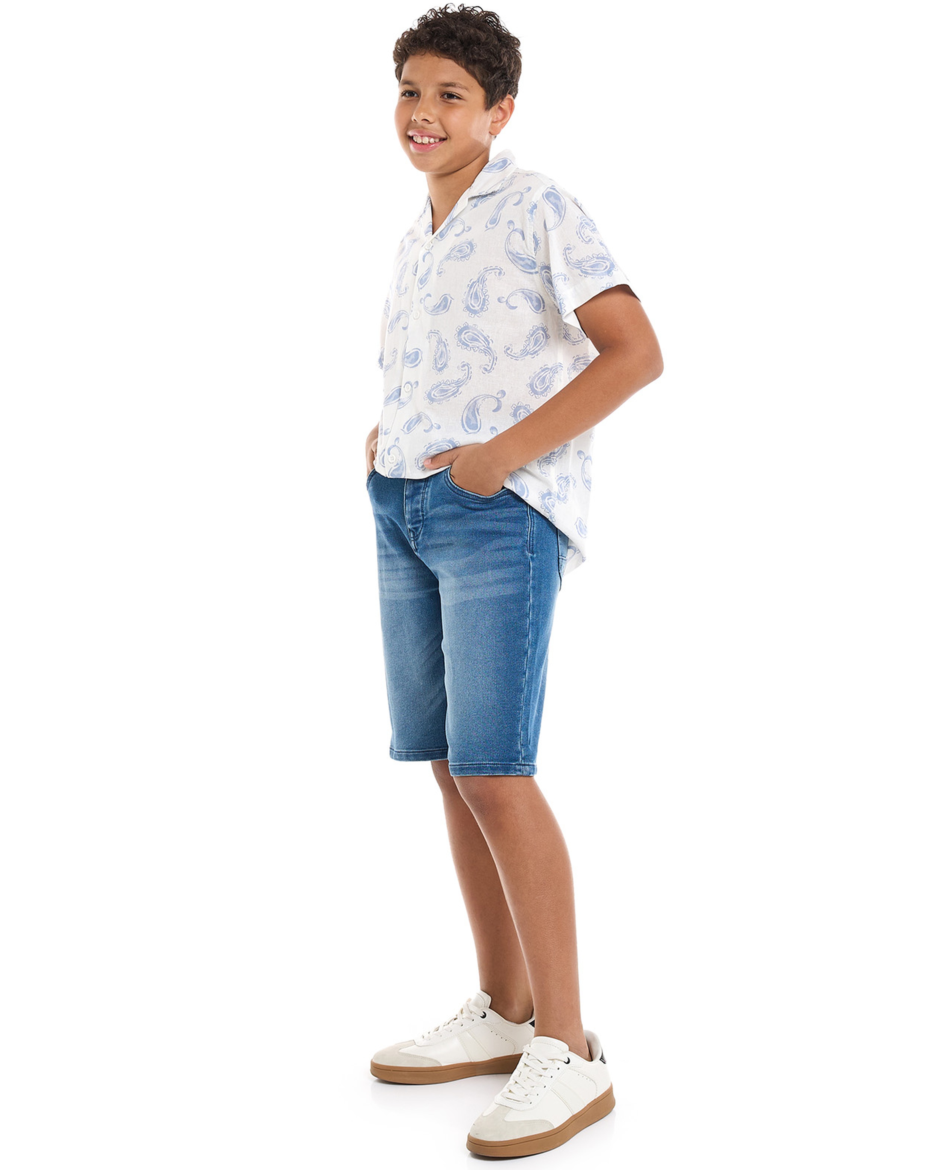 Faded Denim Shorts with Button Closure