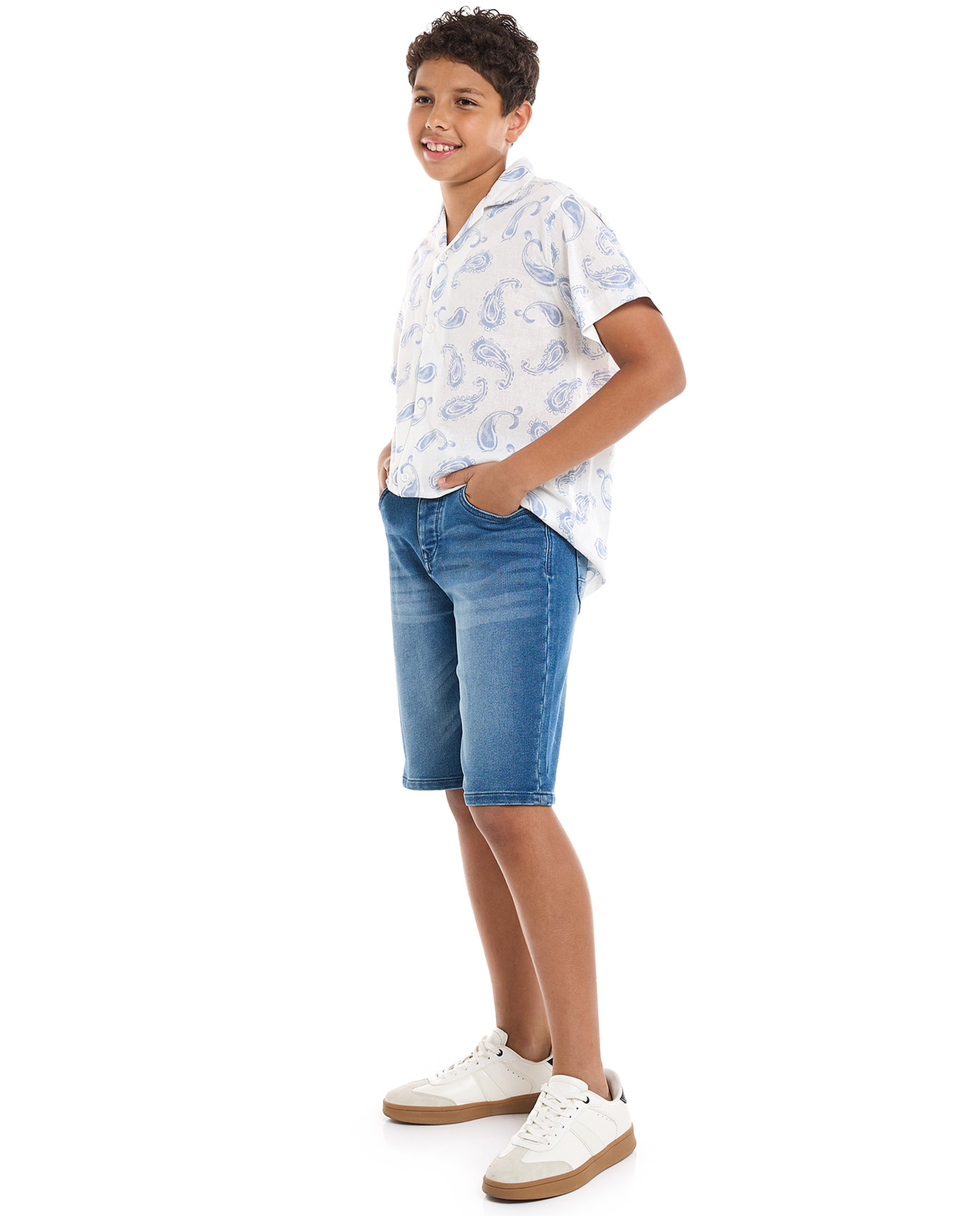 Faded Denim Shorts with Button Closure