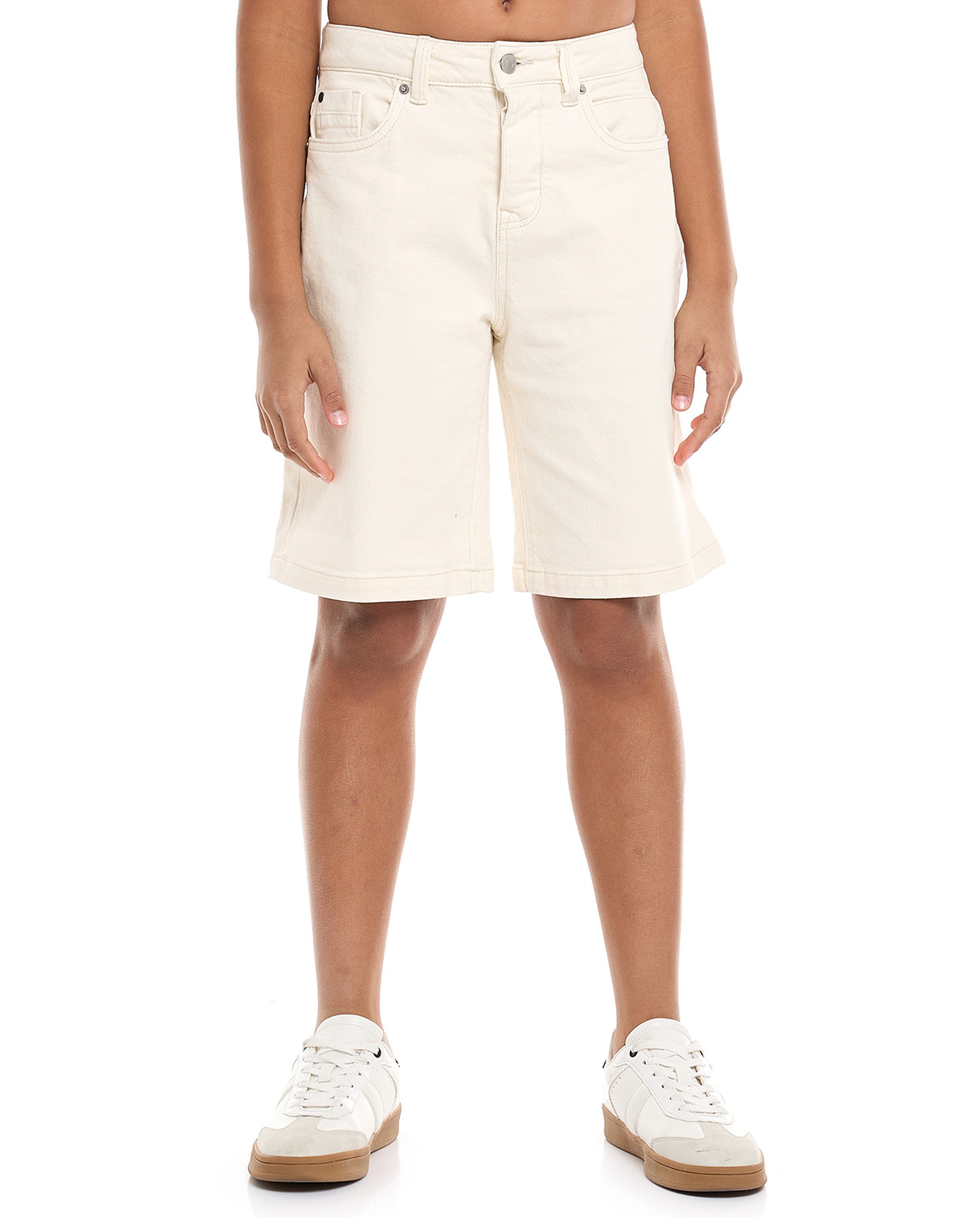 Solid Denim Shorts with Button Closure