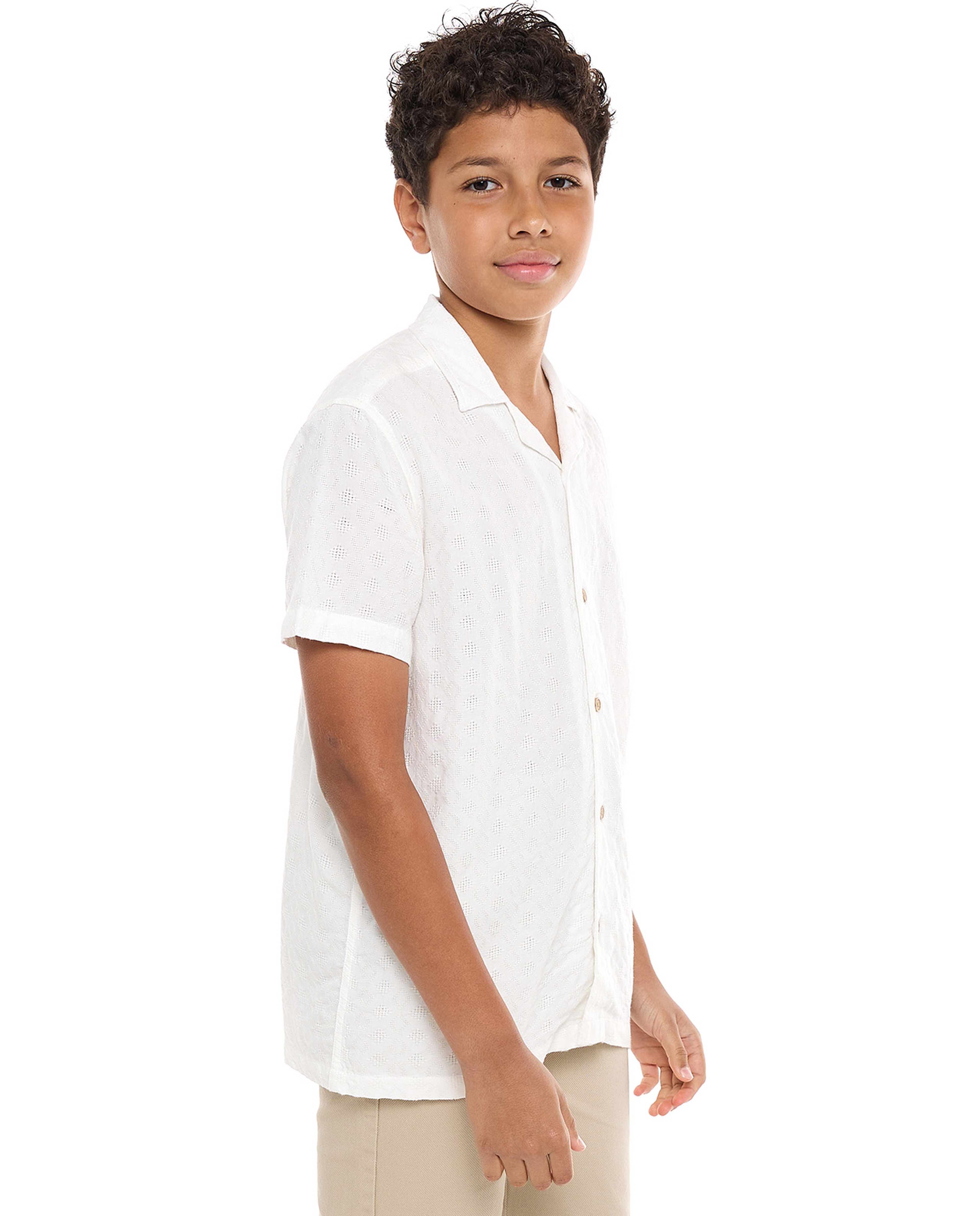 Textured Shirt with Revere Collar and Short Sleeves