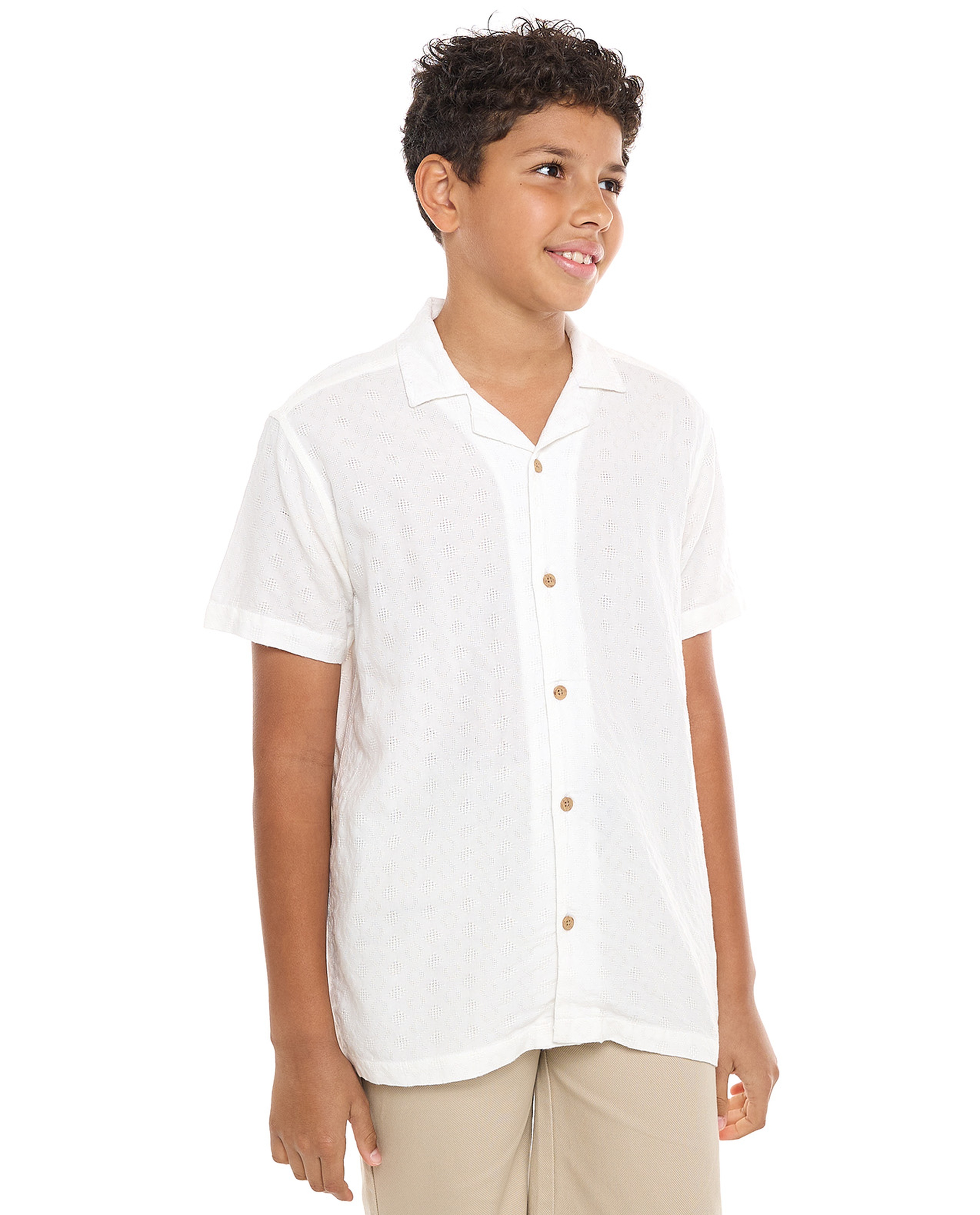 Textured Shirt with Revere Collar and Short Sleeves