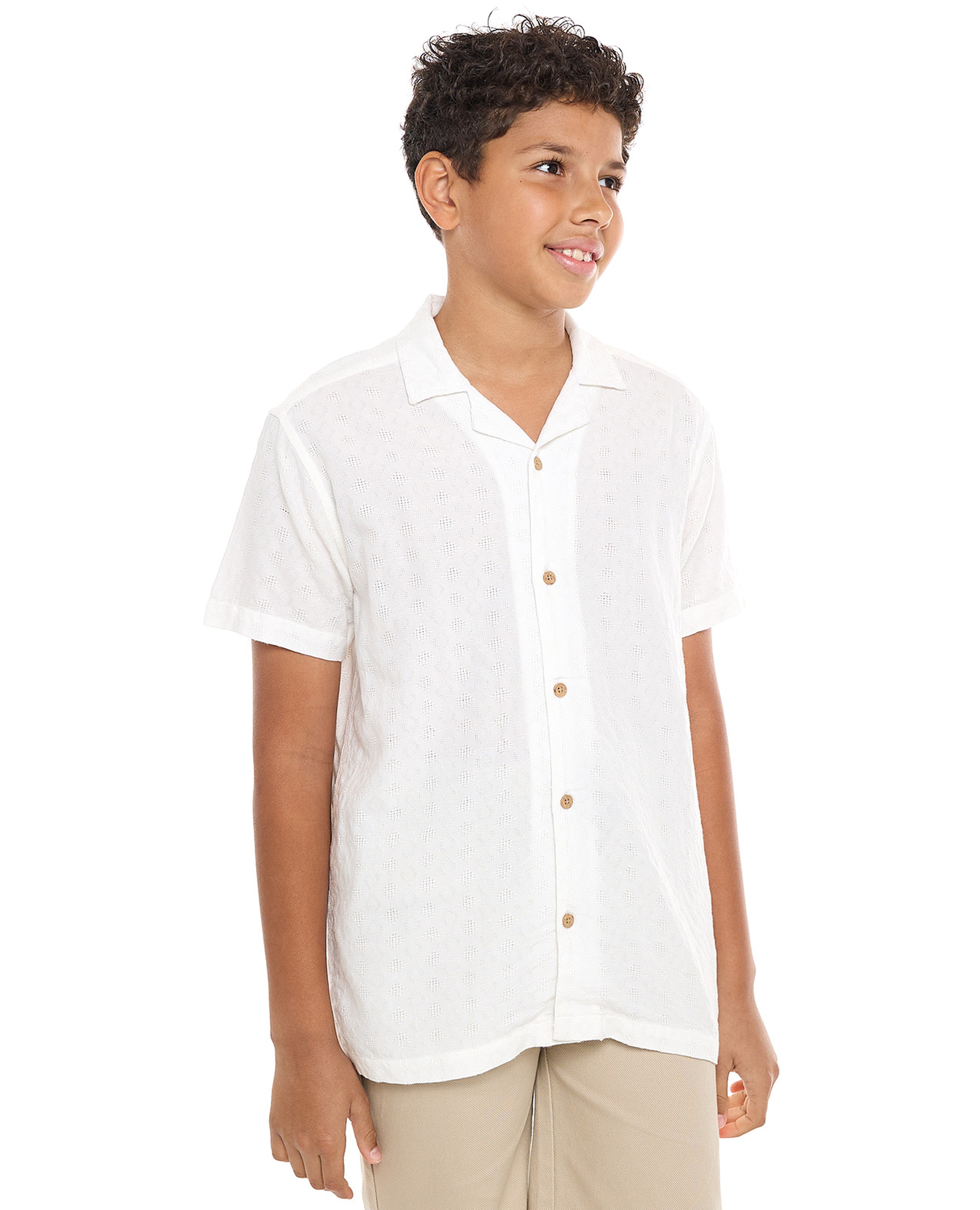 Textured Shirt with Revere Collar and Short Sleeves