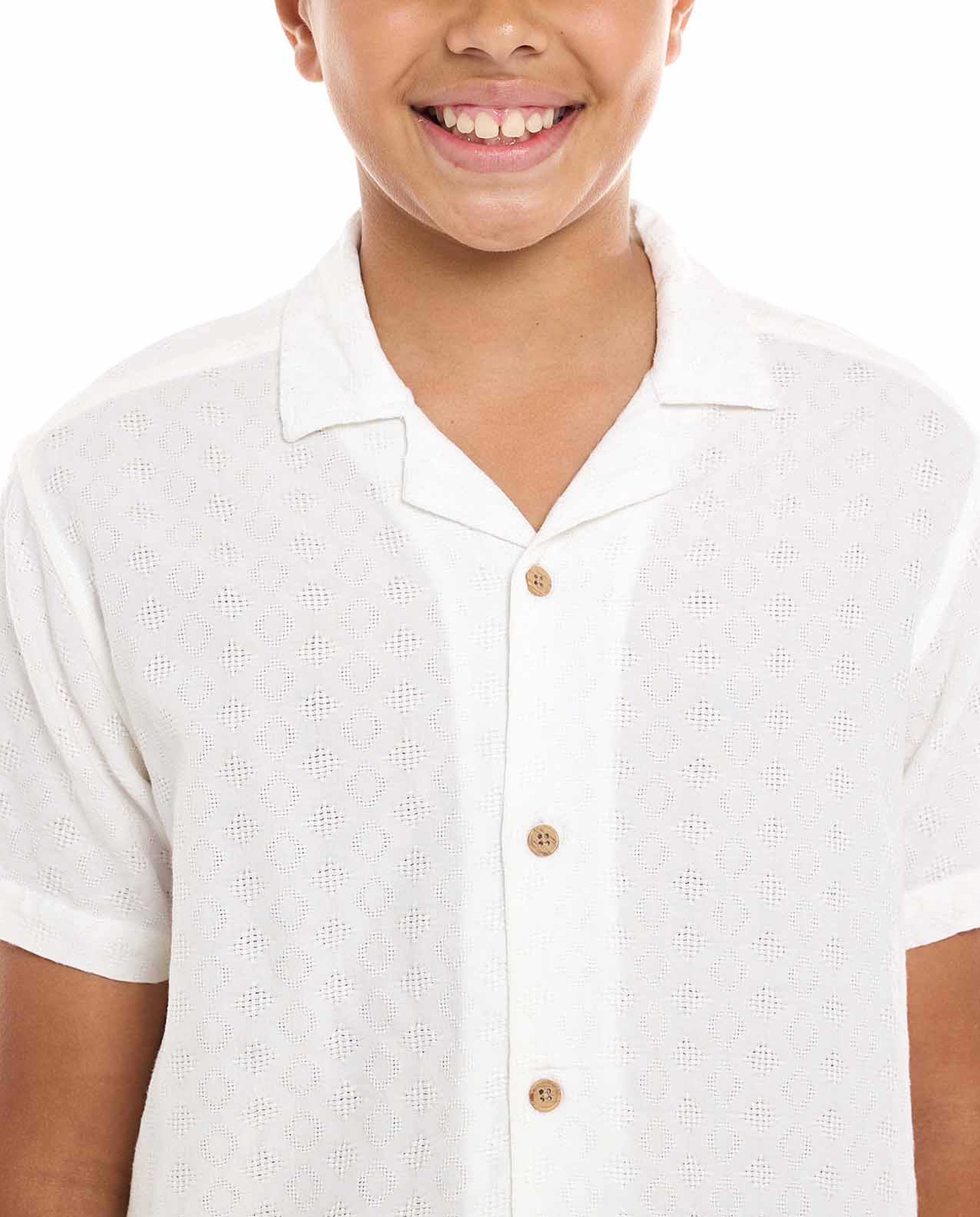 Textured Shirt with Revere Collar and Short Sleeves