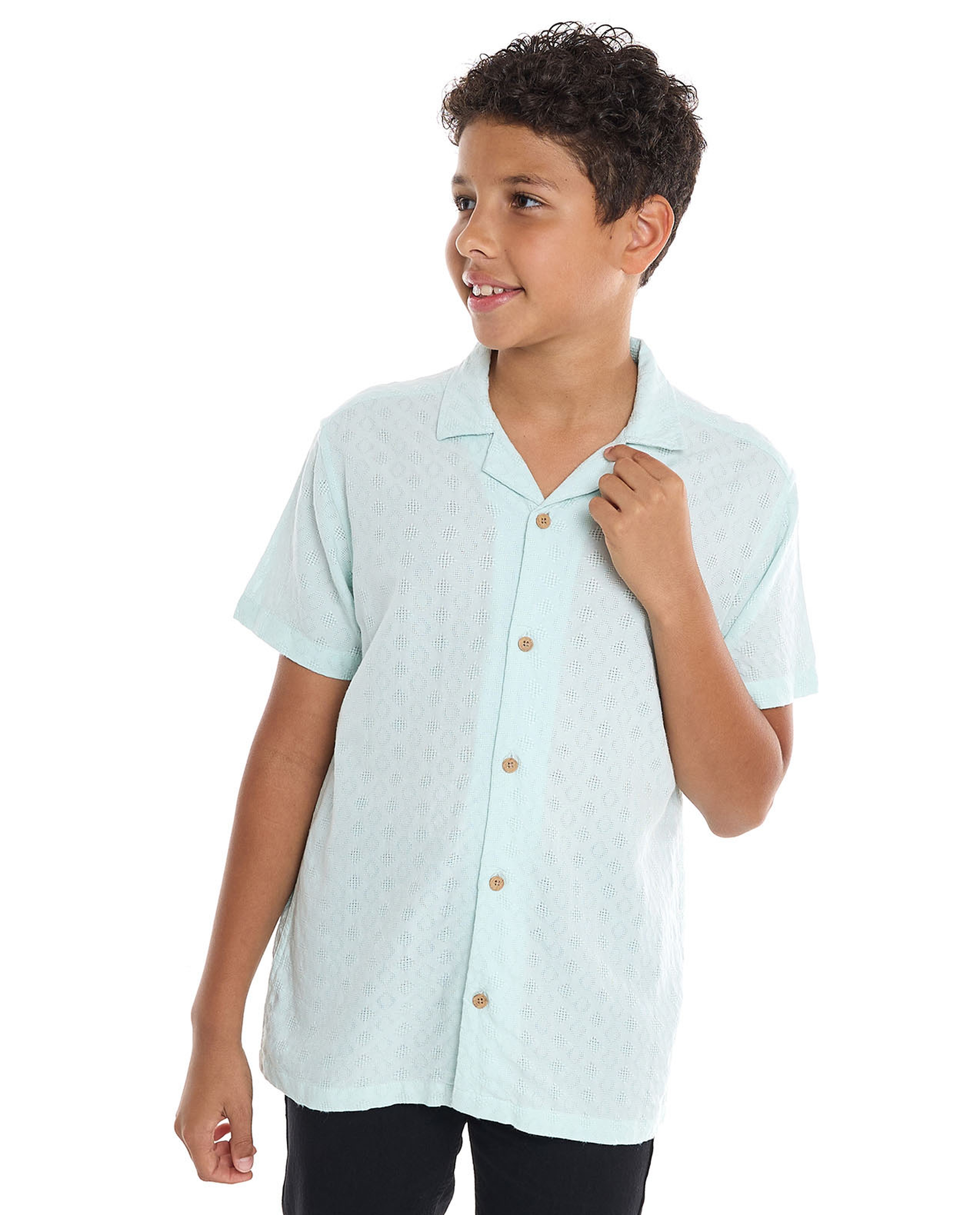 Textured Shirt with Revere Collar and Short Sleeves