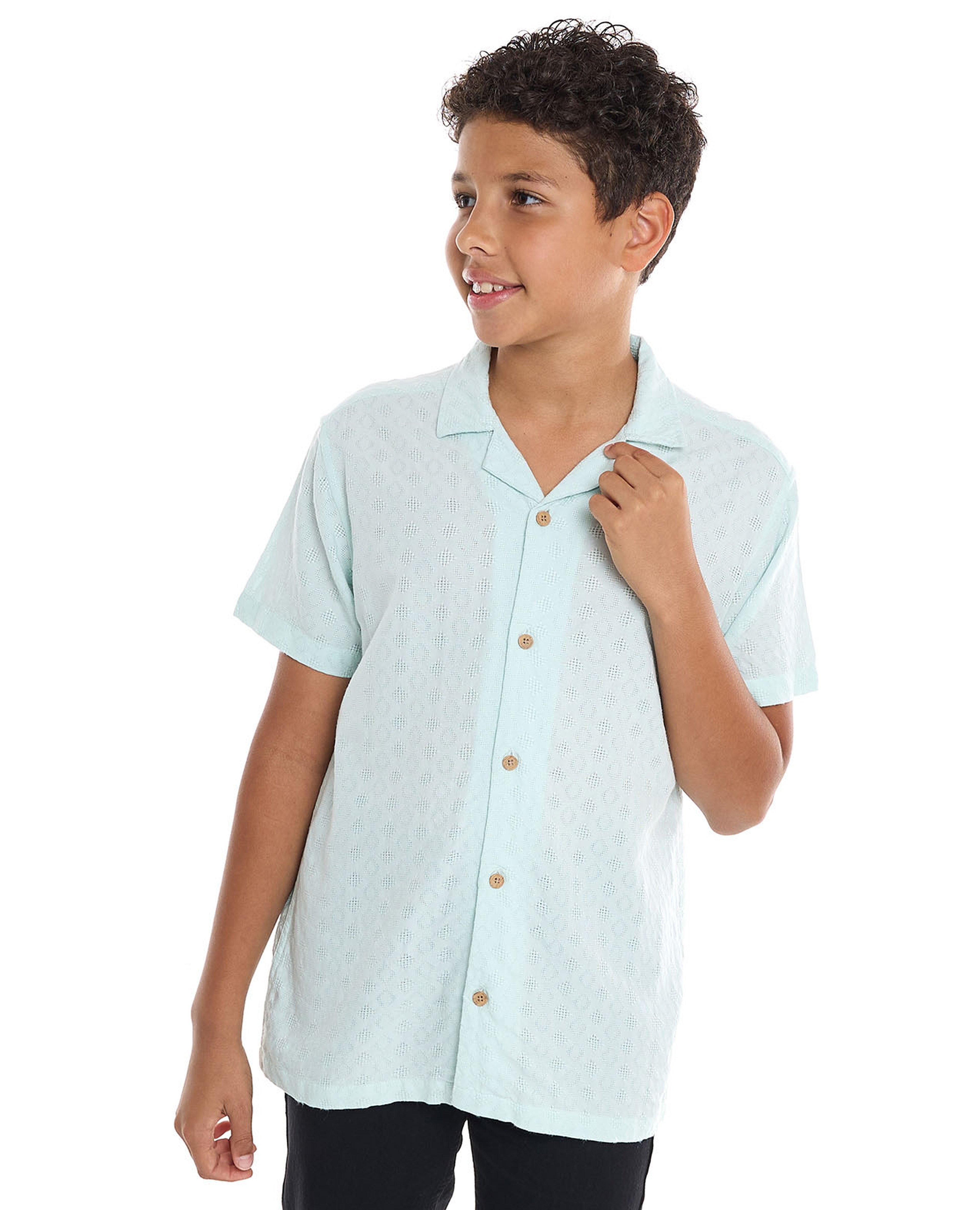 Textured Shirt with Revere Collar and Short Sleeves
