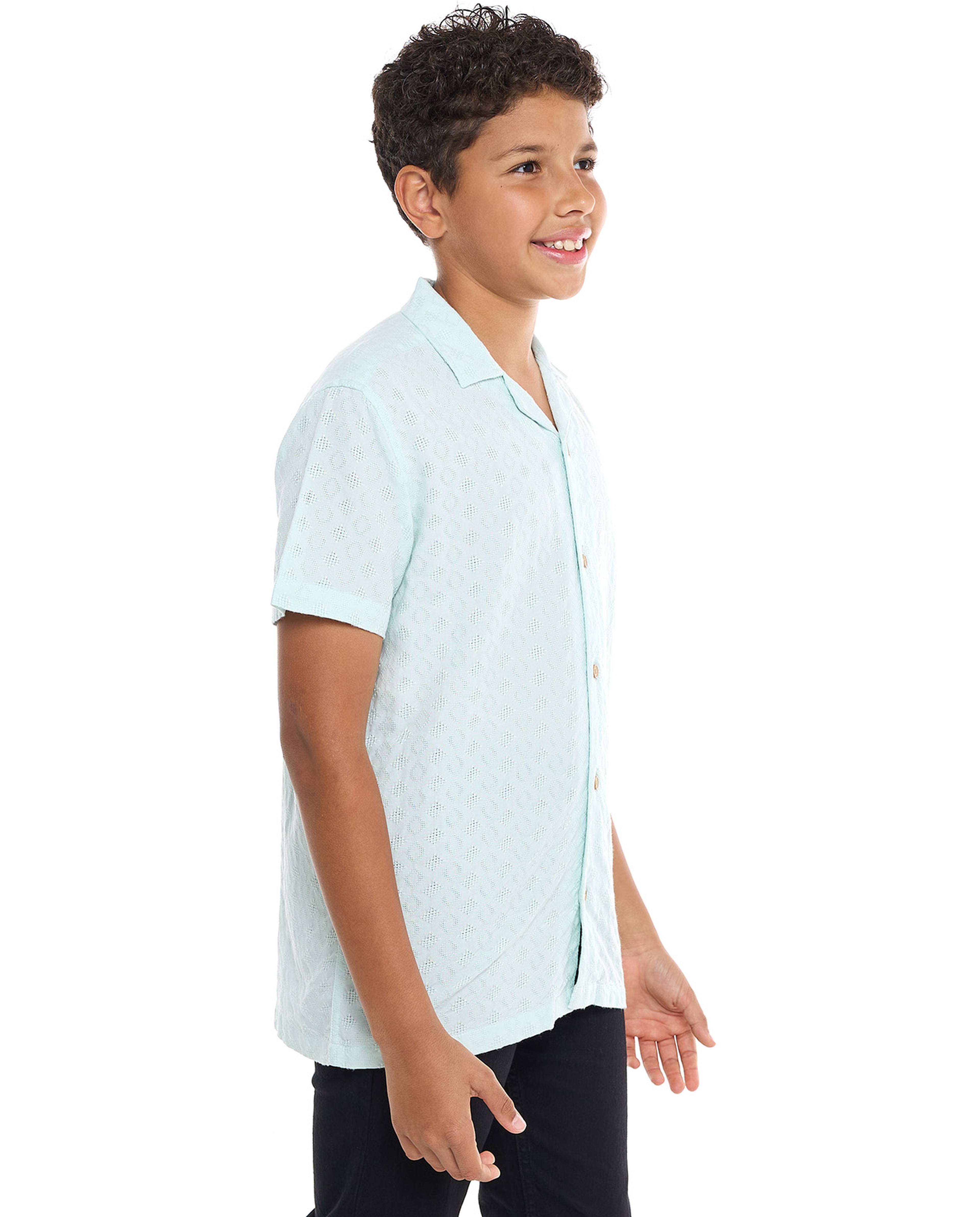 Textured Shirt with Revere Collar and Short Sleeves