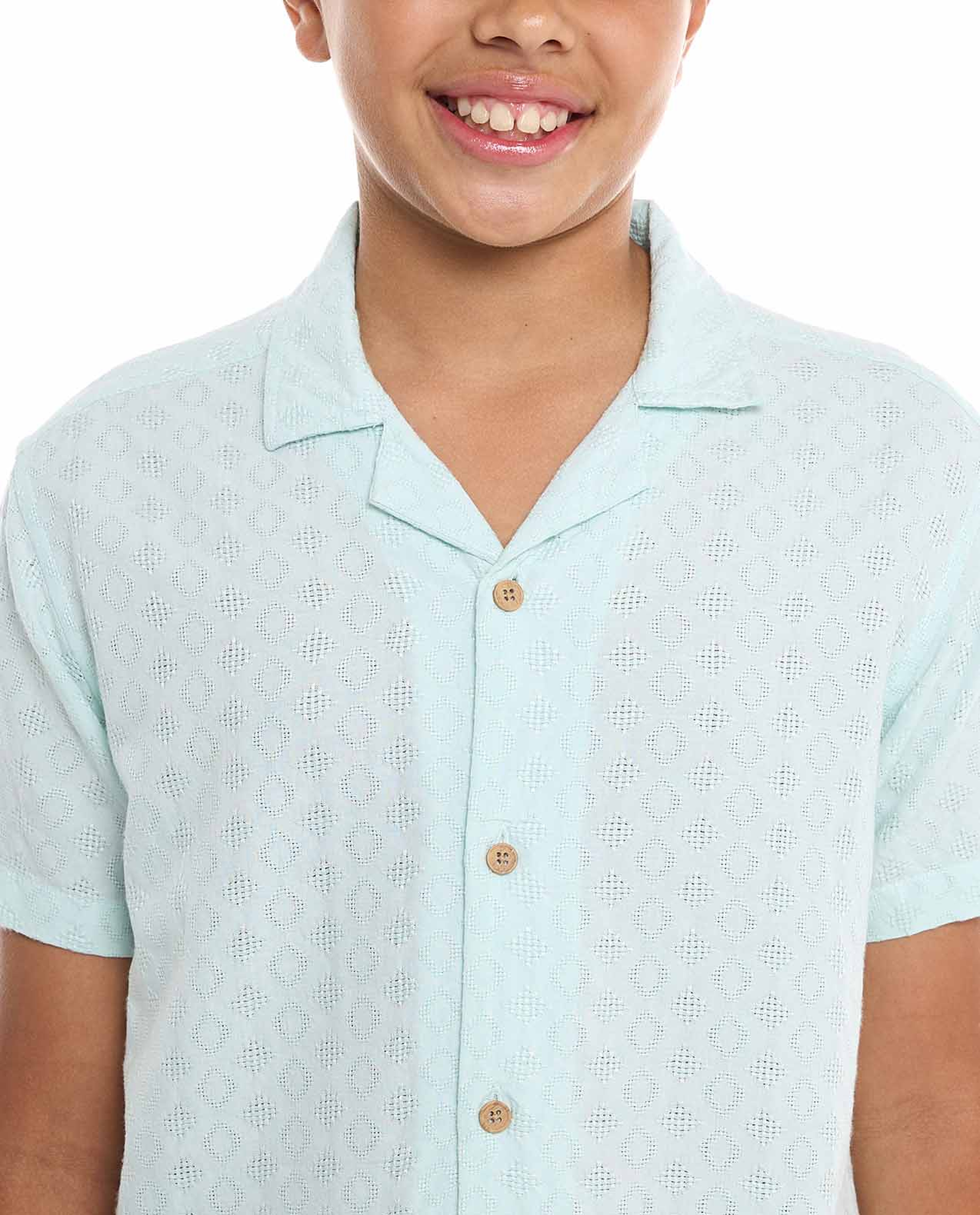 Textured Shirt with Revere Collar and Short Sleeves