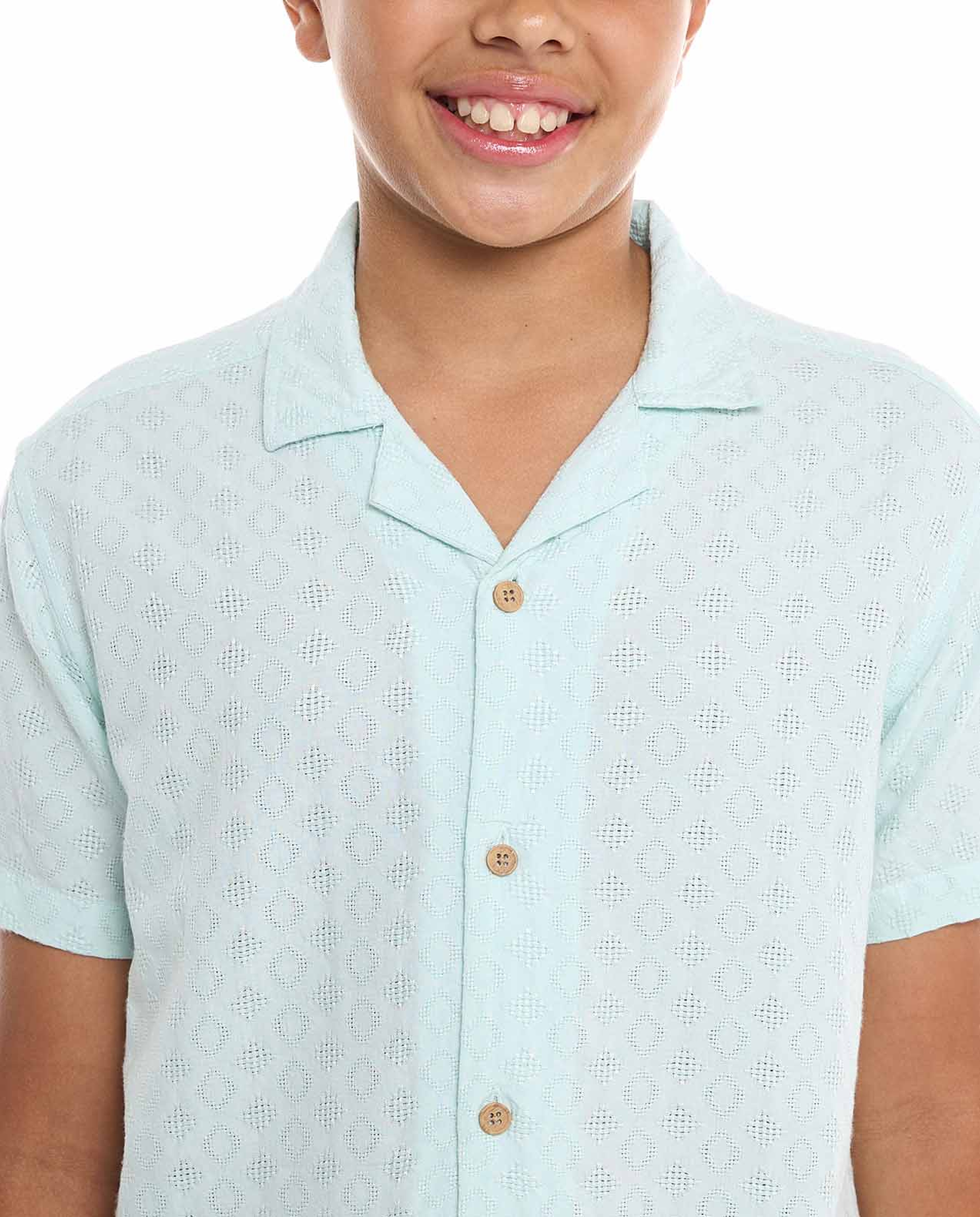 Textured Shirt with Revere Collar and Short Sleeves