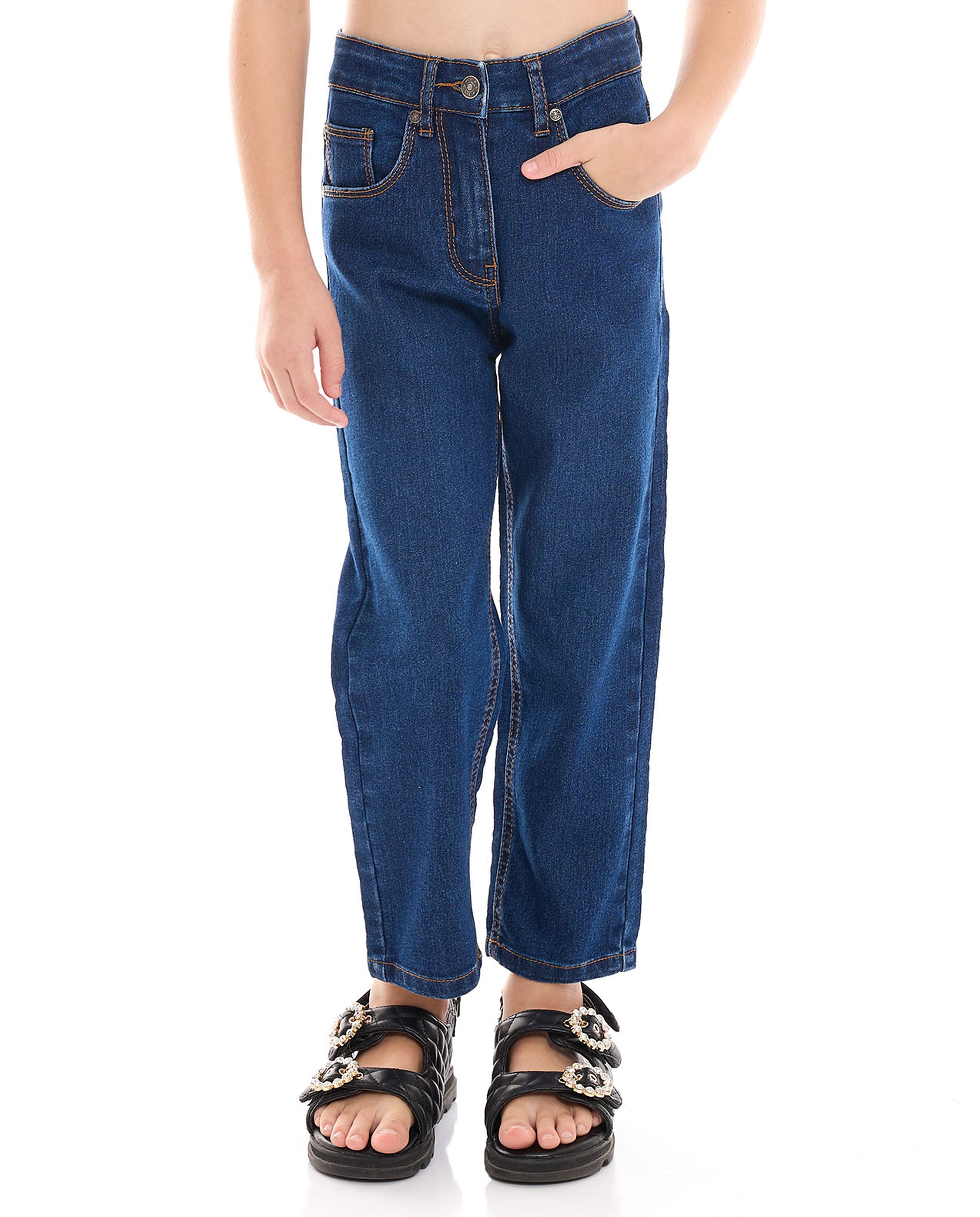Washed Straight Fit Jeans with Button Closure