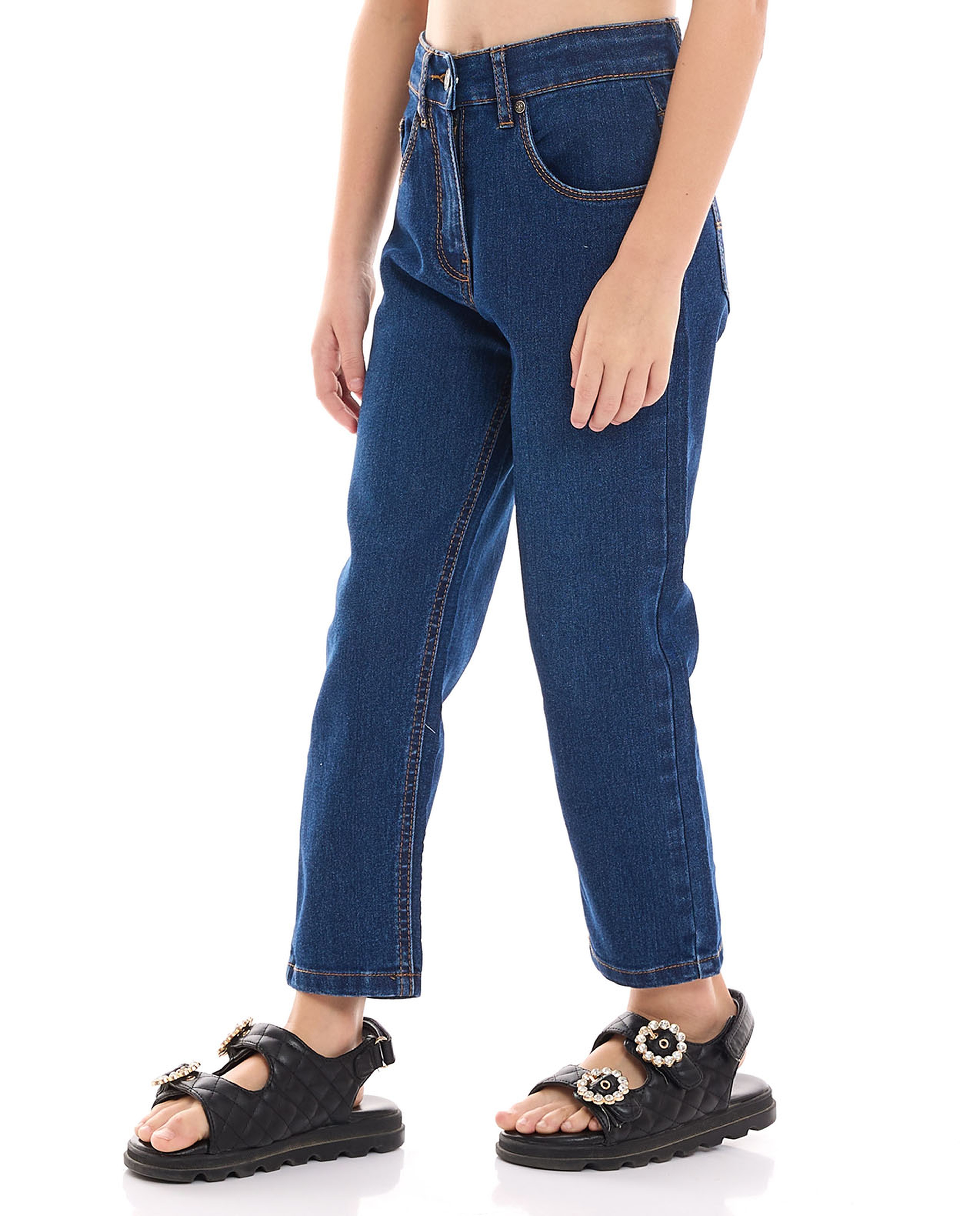 Washed Straight Fit Jeans with Button Closure