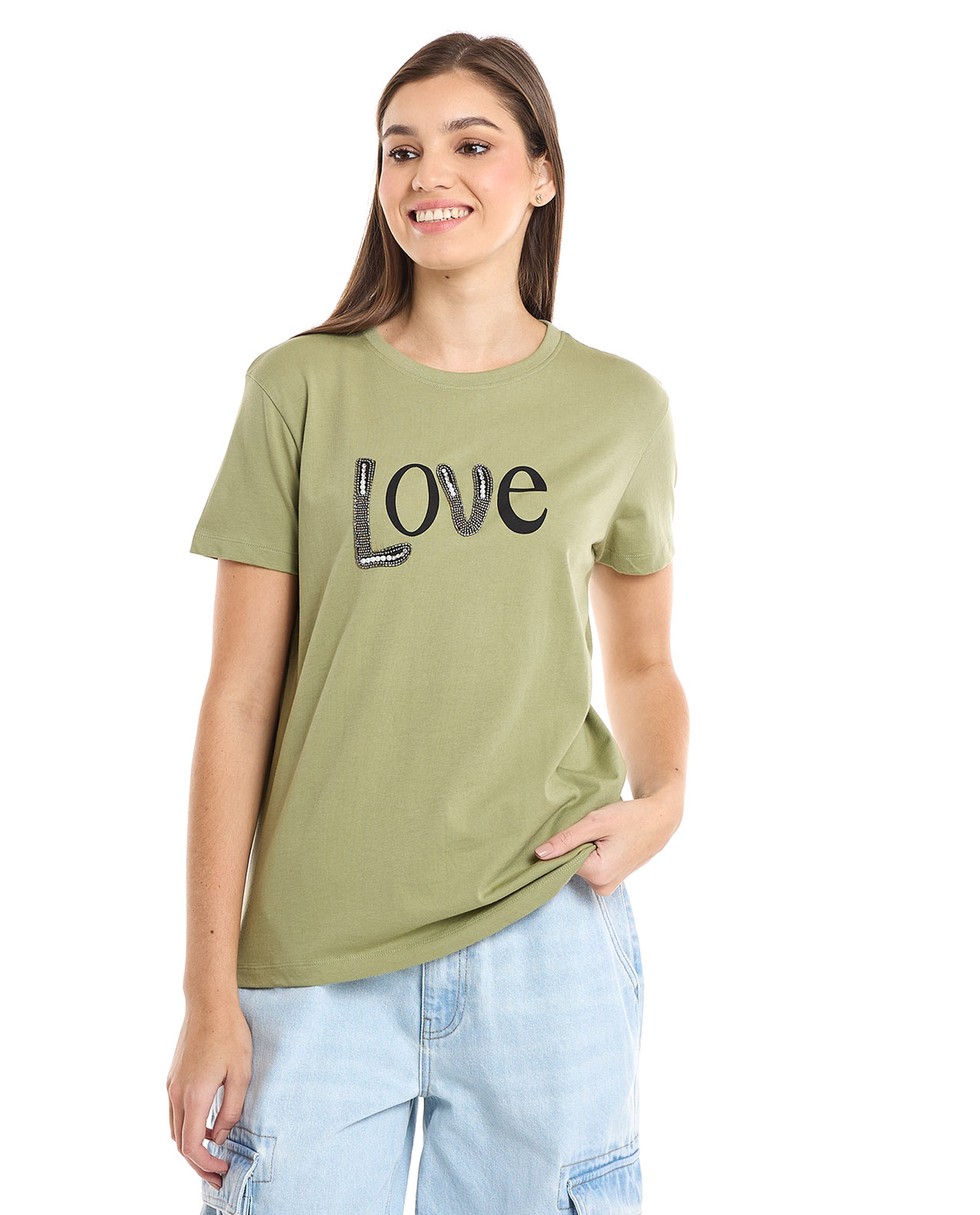 Embellished T-Shirt with Crew Neck and Short Sleeves