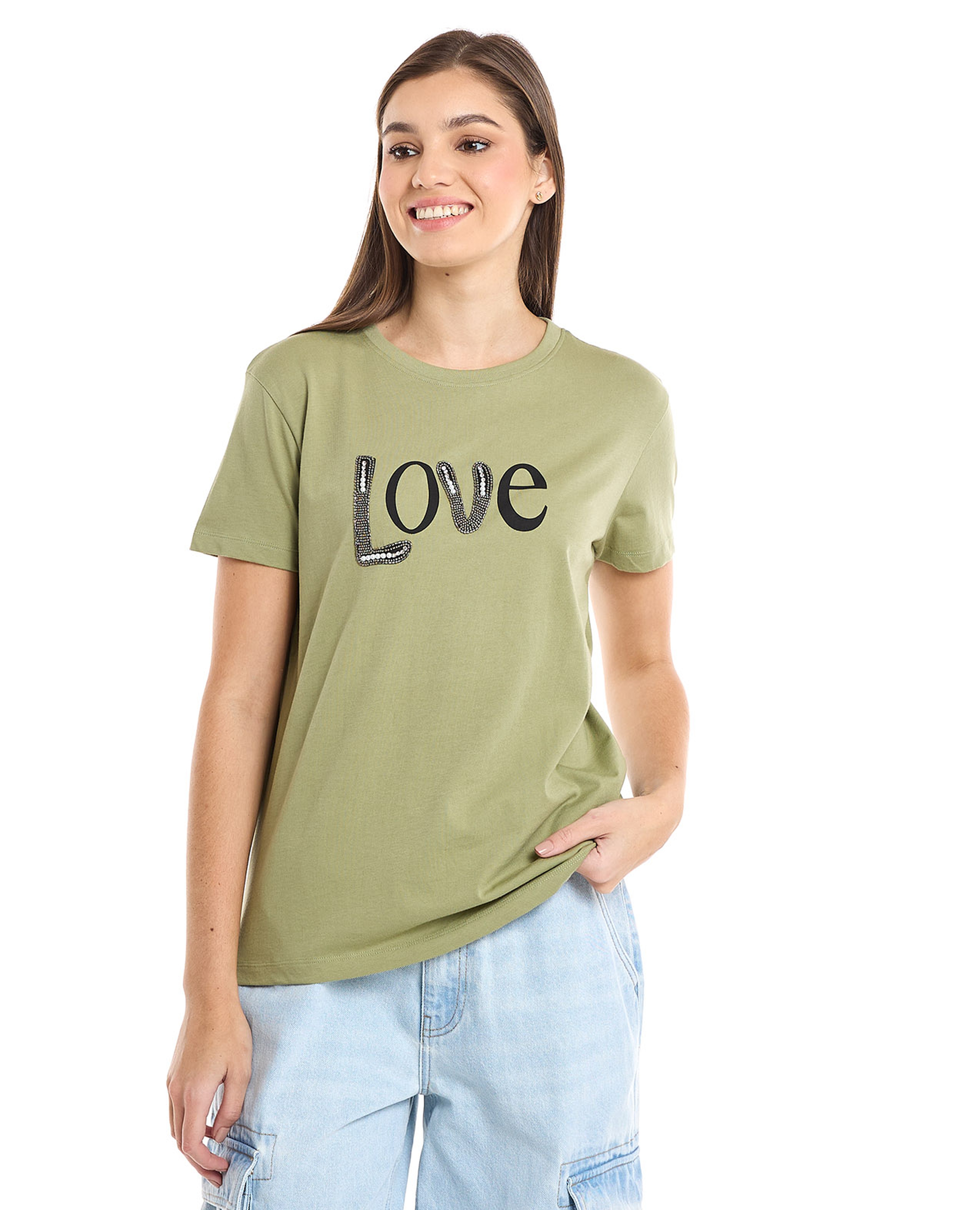 Embellished T-Shirt with Crew Neck and Short Sleeves