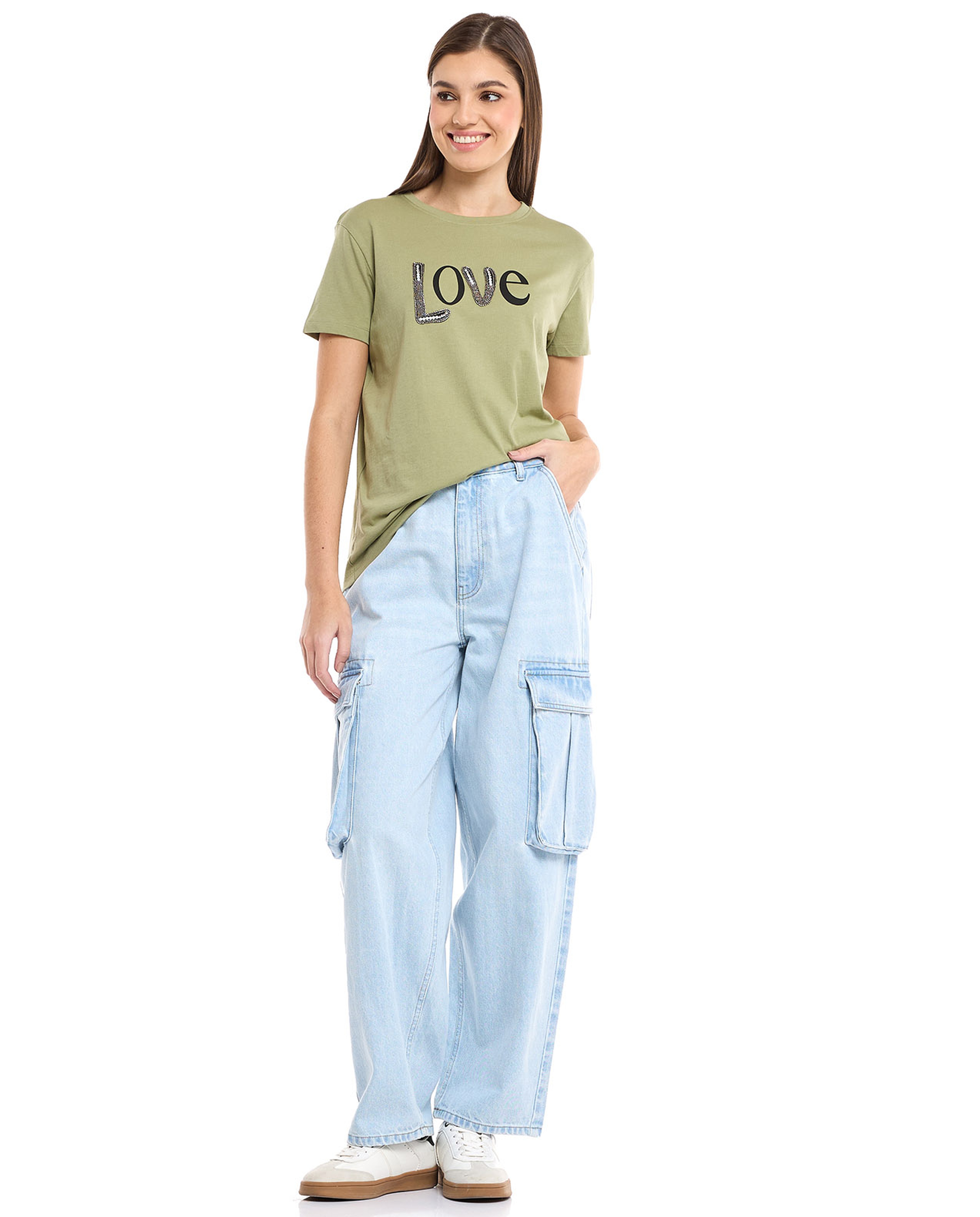 Embellished T-Shirt with Crew Neck and Short Sleeves