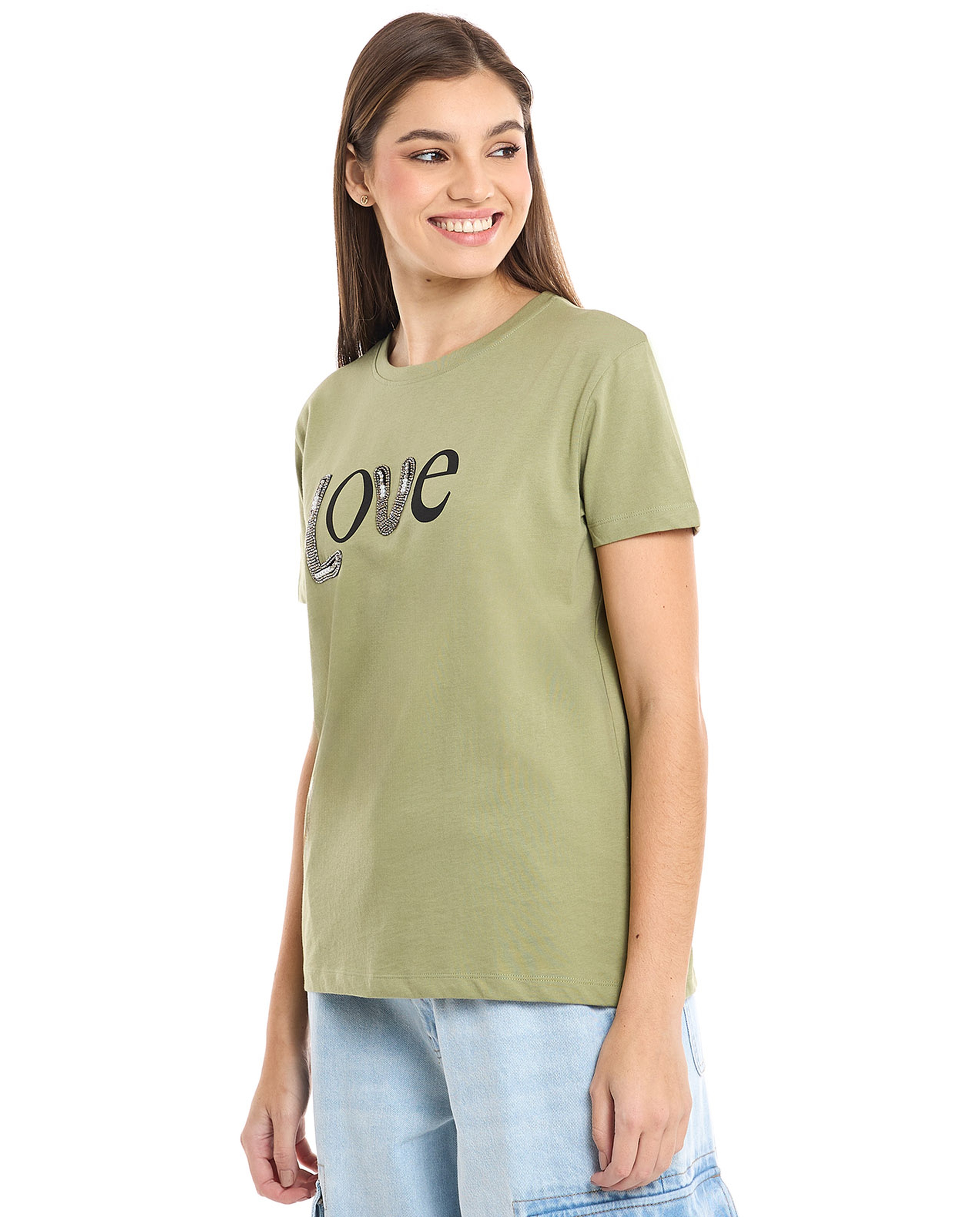 Embellished T-Shirt with Crew Neck and Short Sleeves