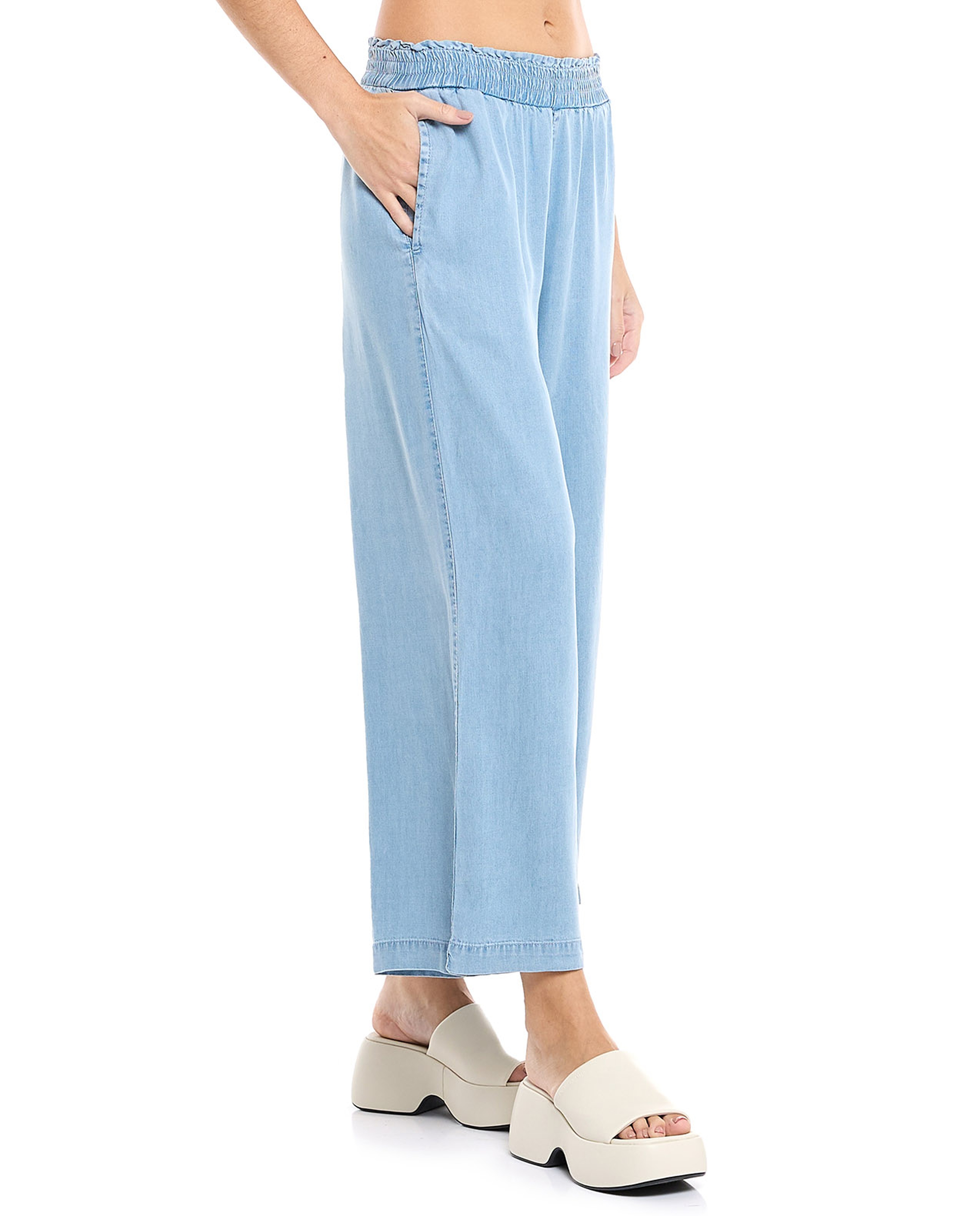 Faded Denim Culottes with Elastic Waist