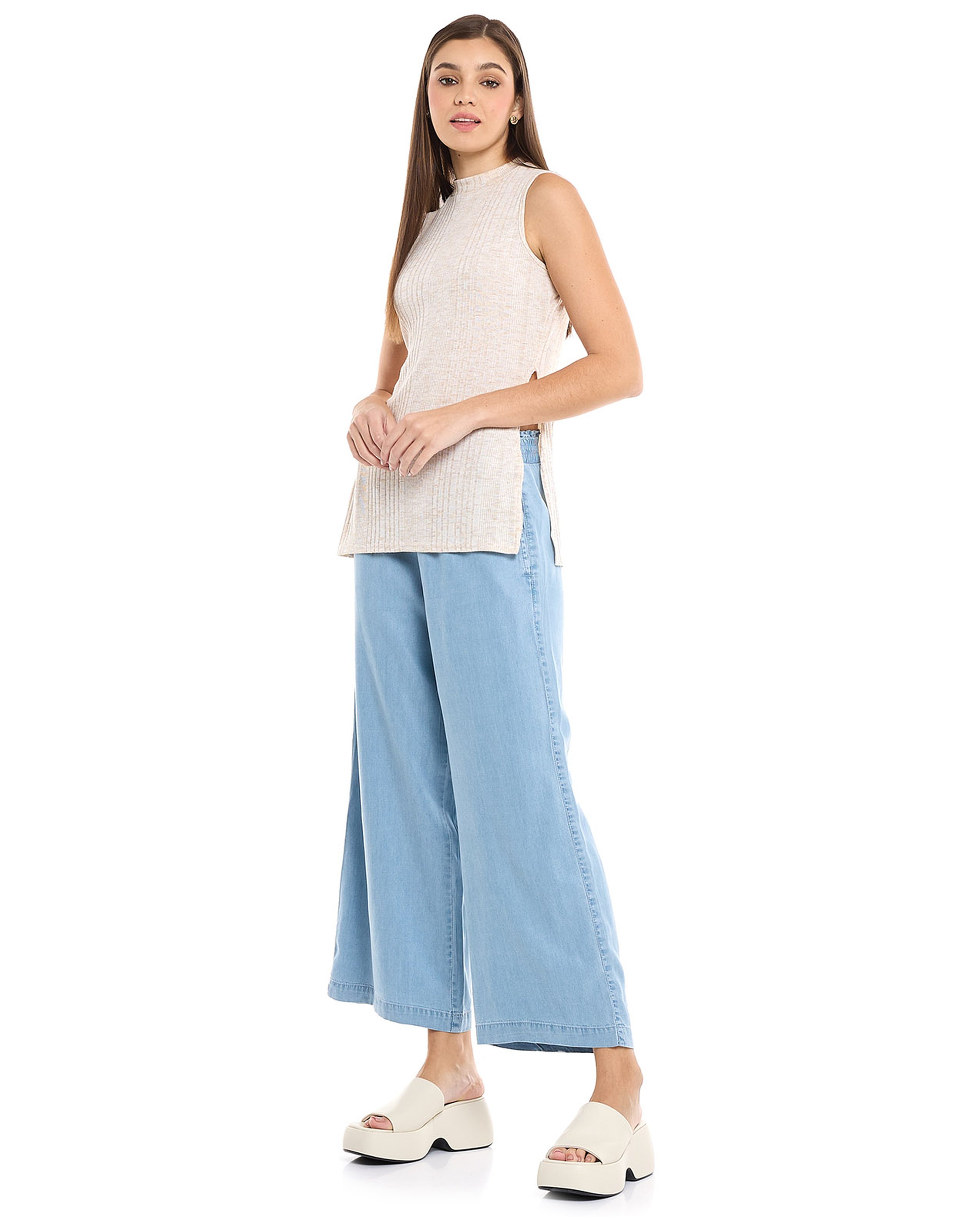 Faded Denim Culottes with Elastic Waist