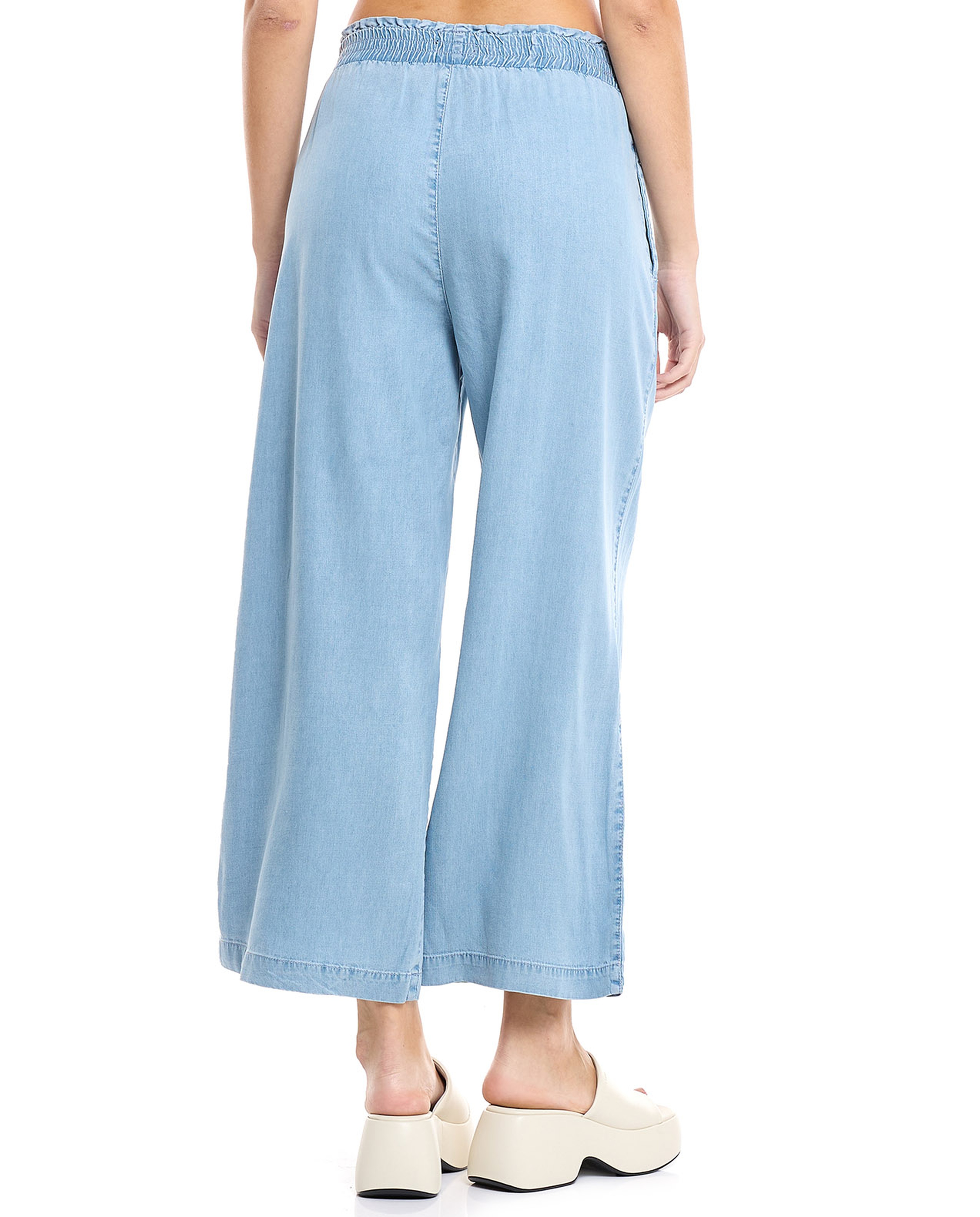 Faded Denim Culottes with Elastic Waist