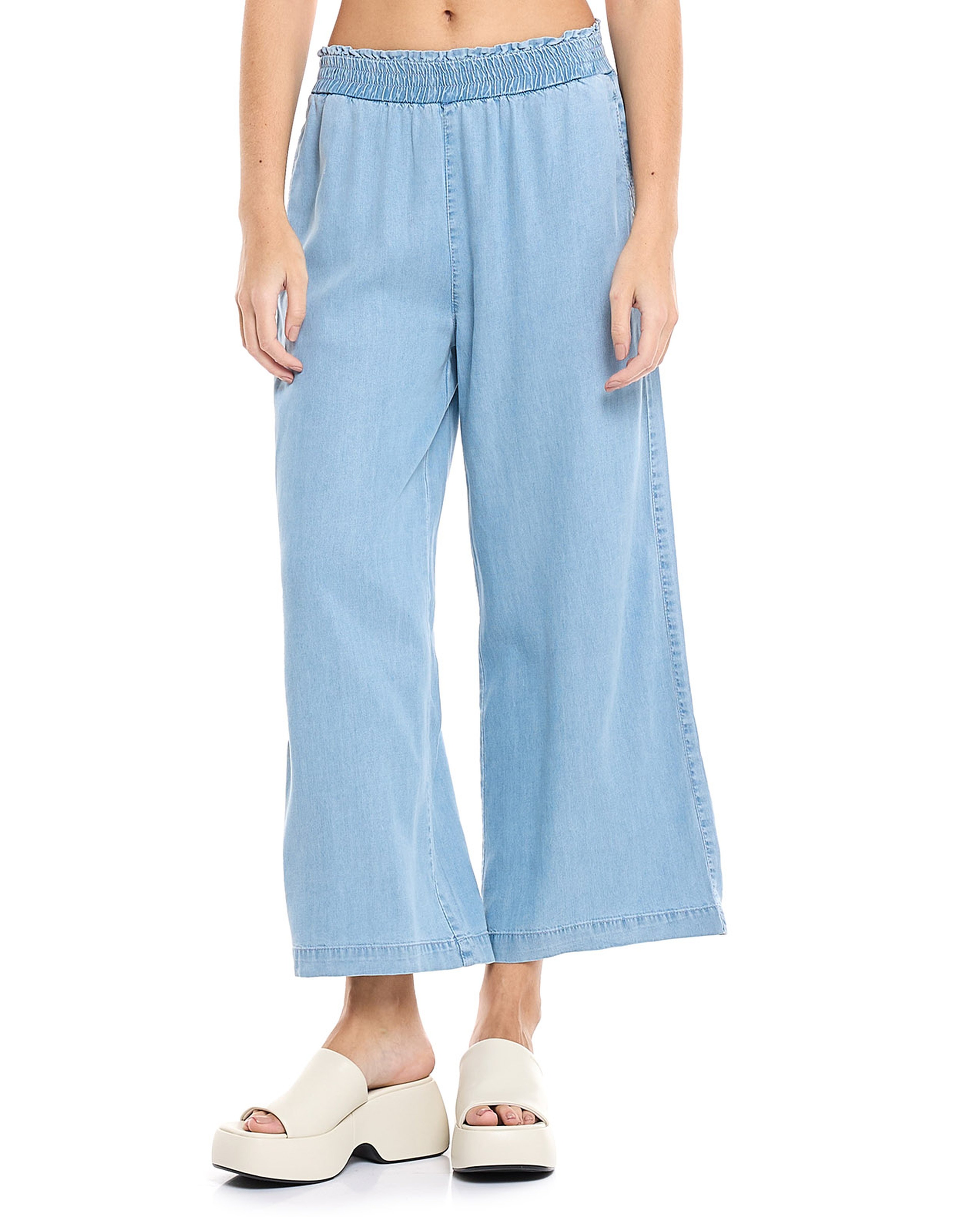 Faded Denim Culottes with Elastic Waist