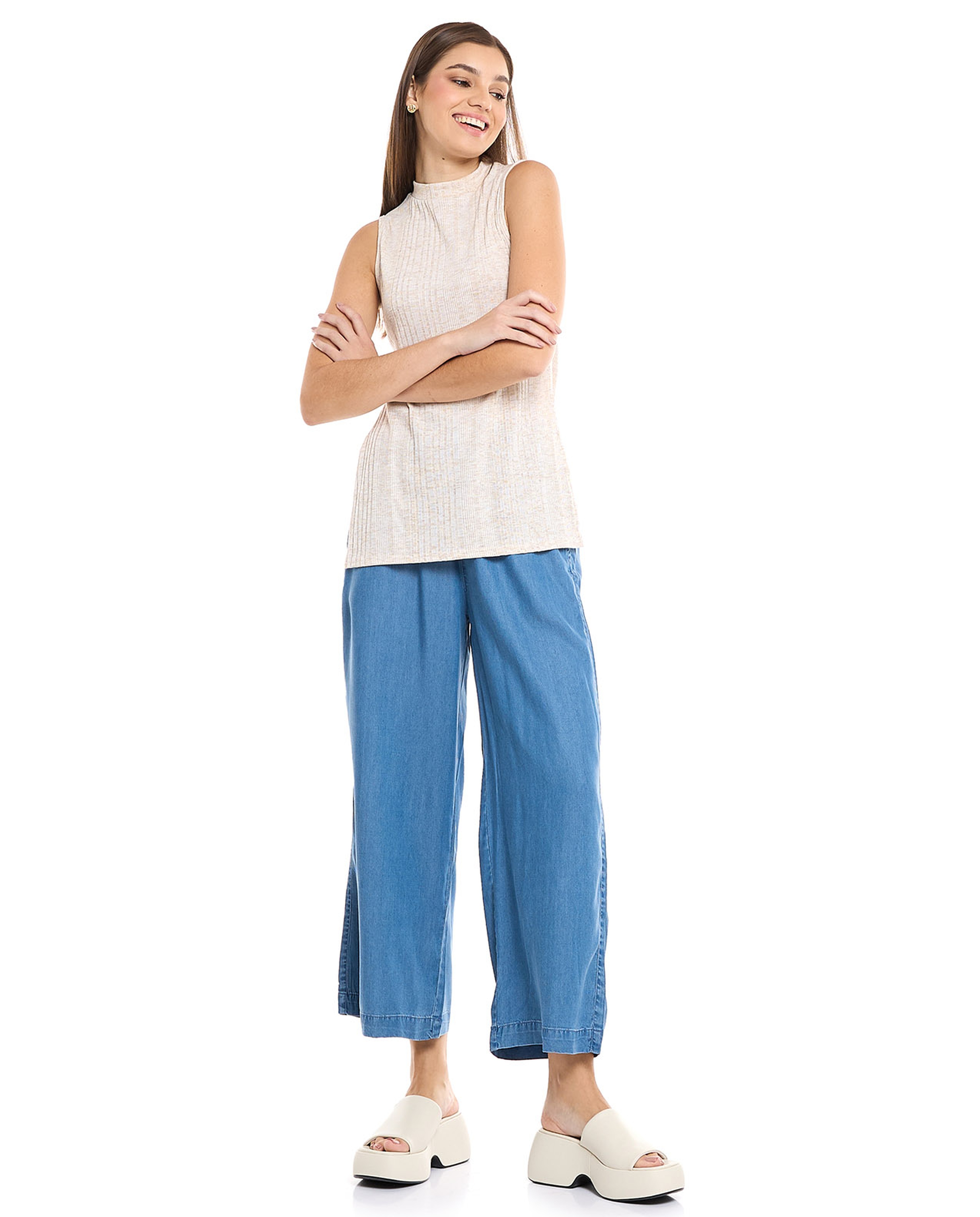Faded Denim Culottes with Elastic Waist