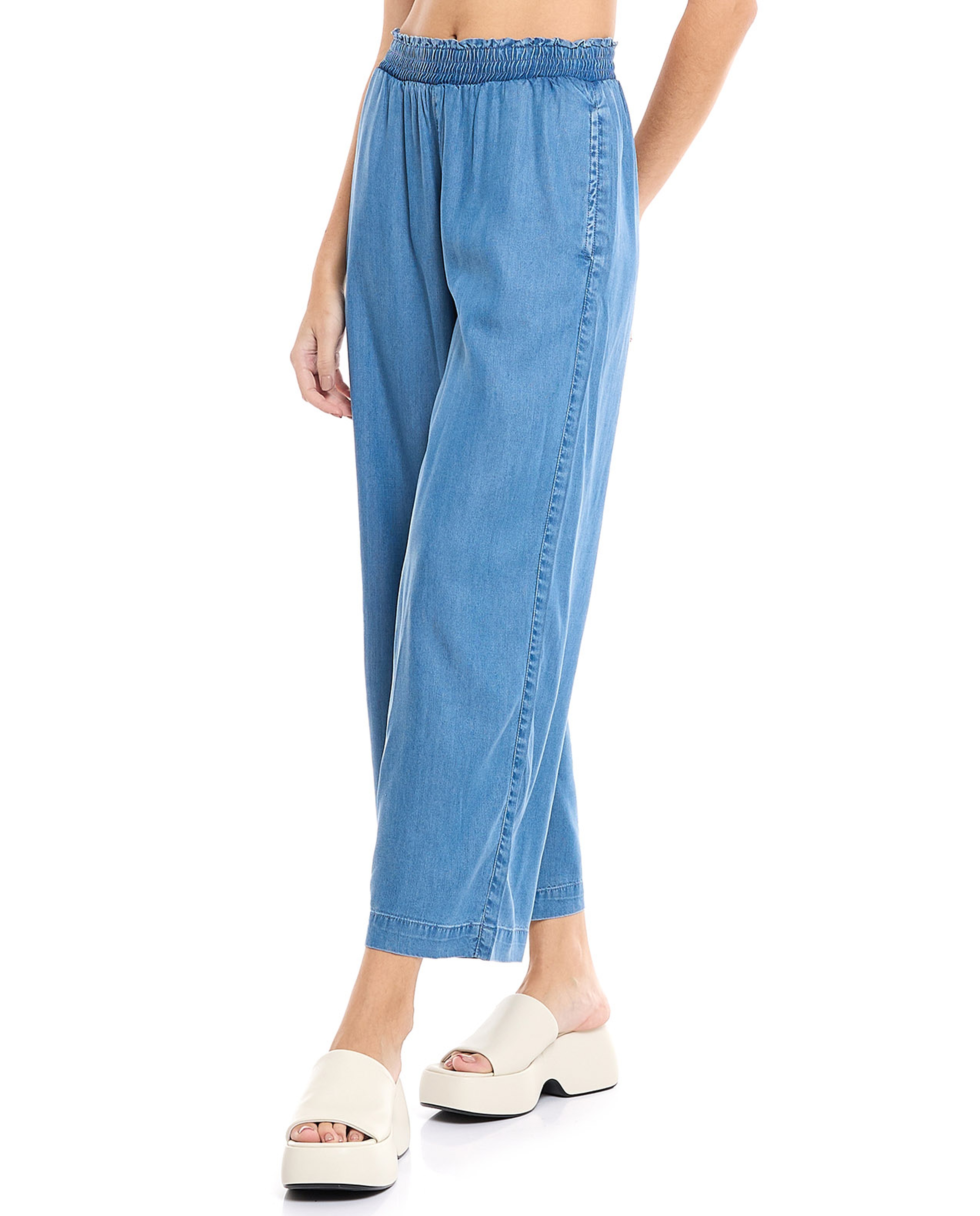 Faded Denim Culottes with Elastic Waist