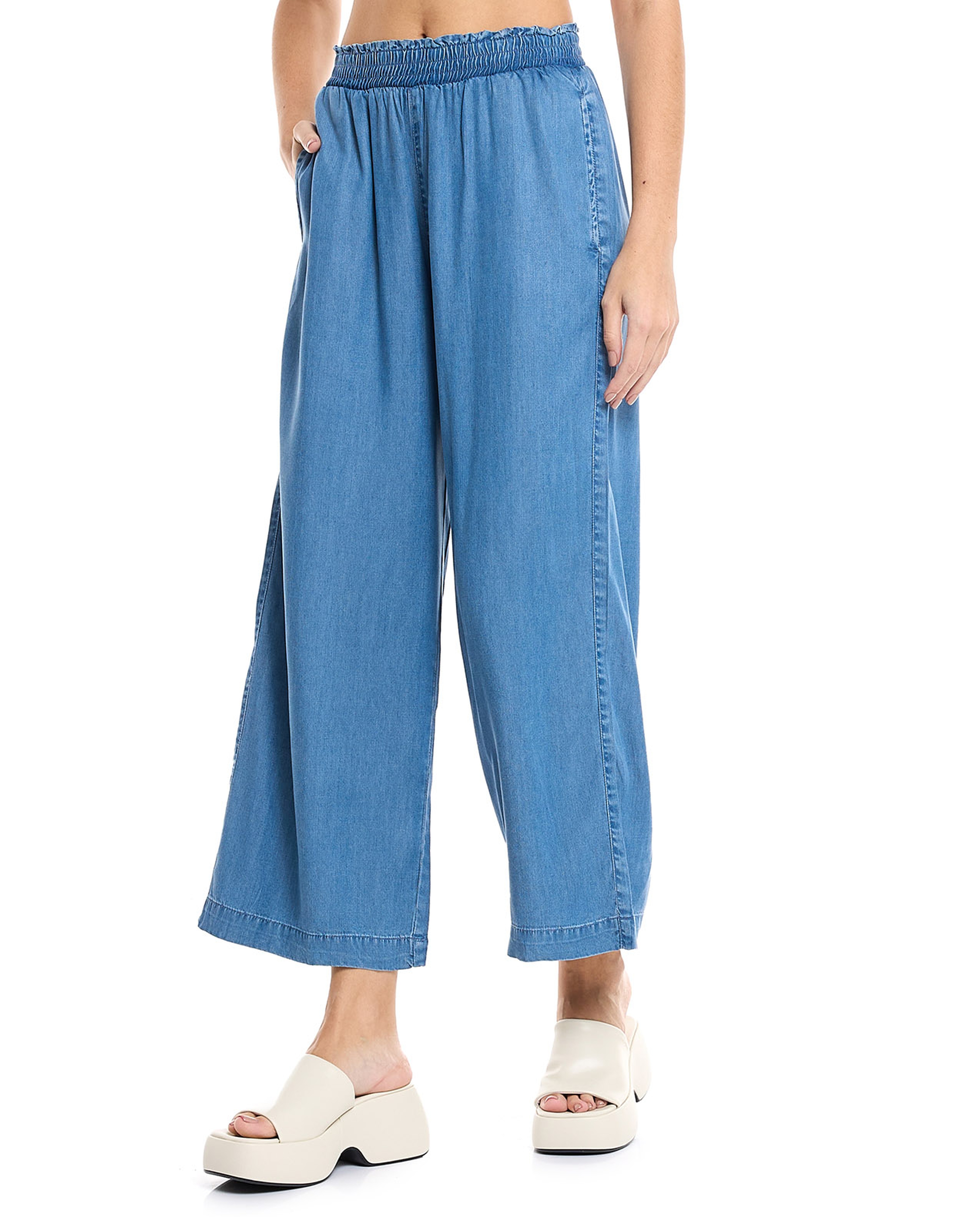 Faded Denim Culottes with Elastic Waist