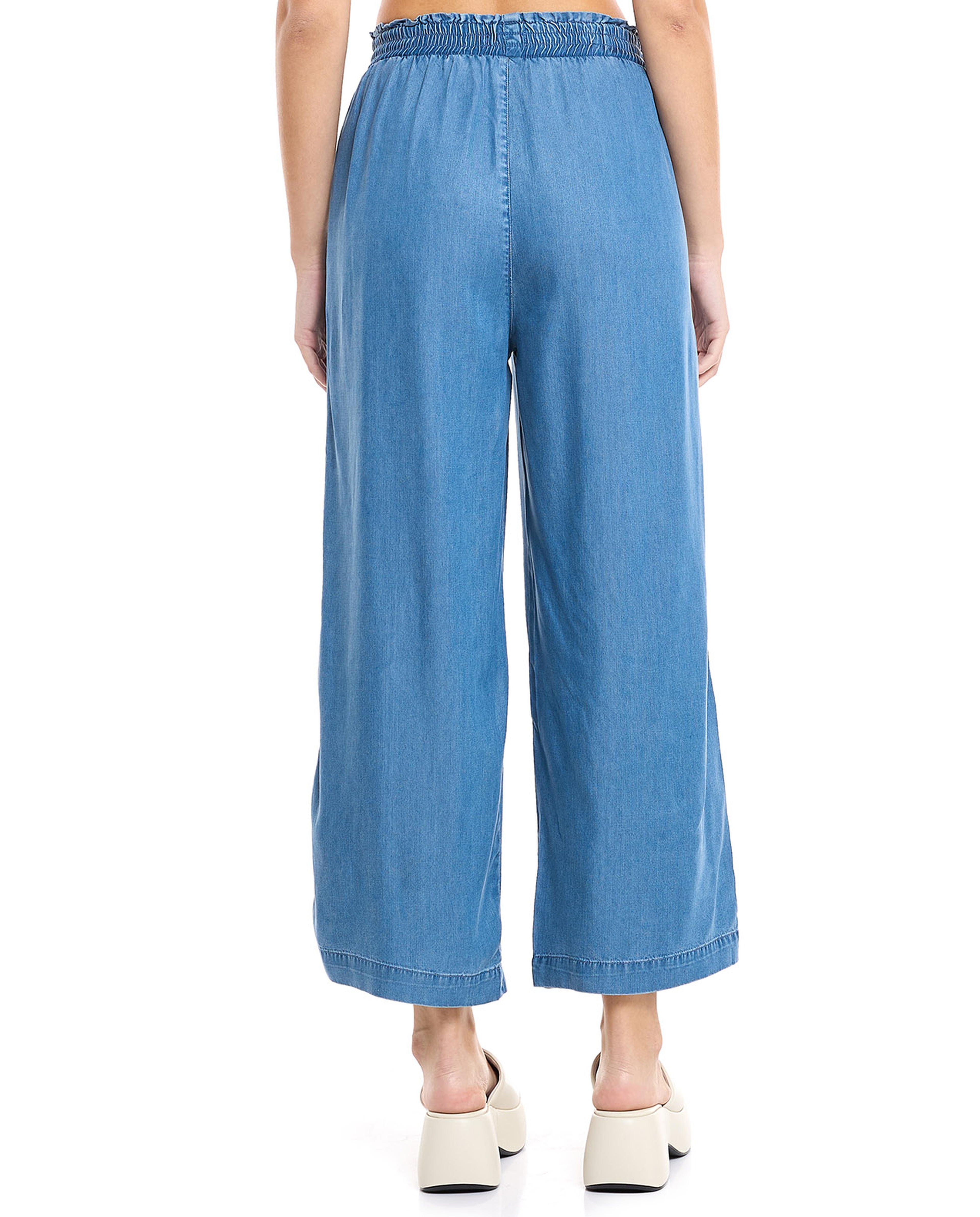 Faded Denim Culottes with Elastic Waist