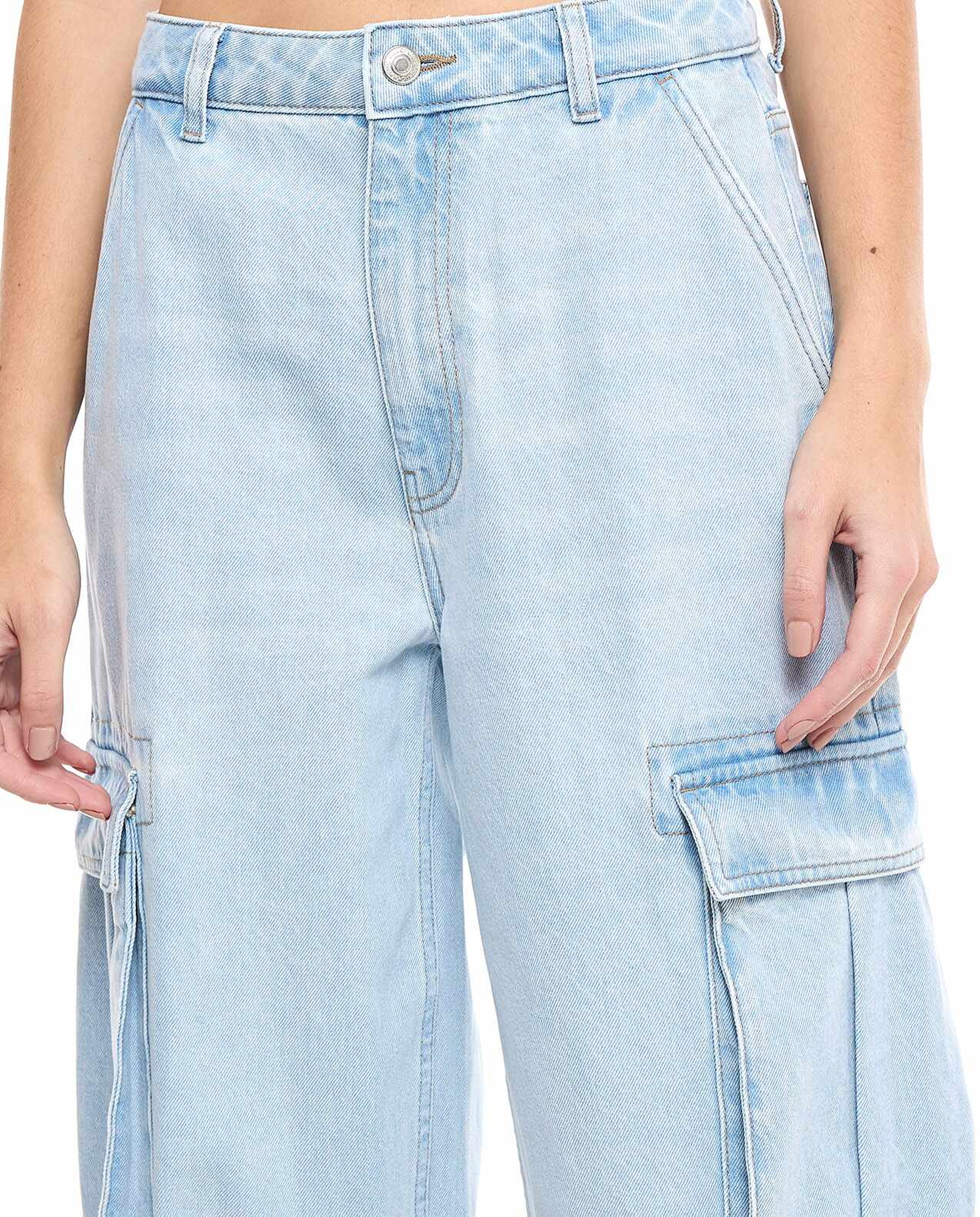 Faded Cargo Jeans with Button Closure