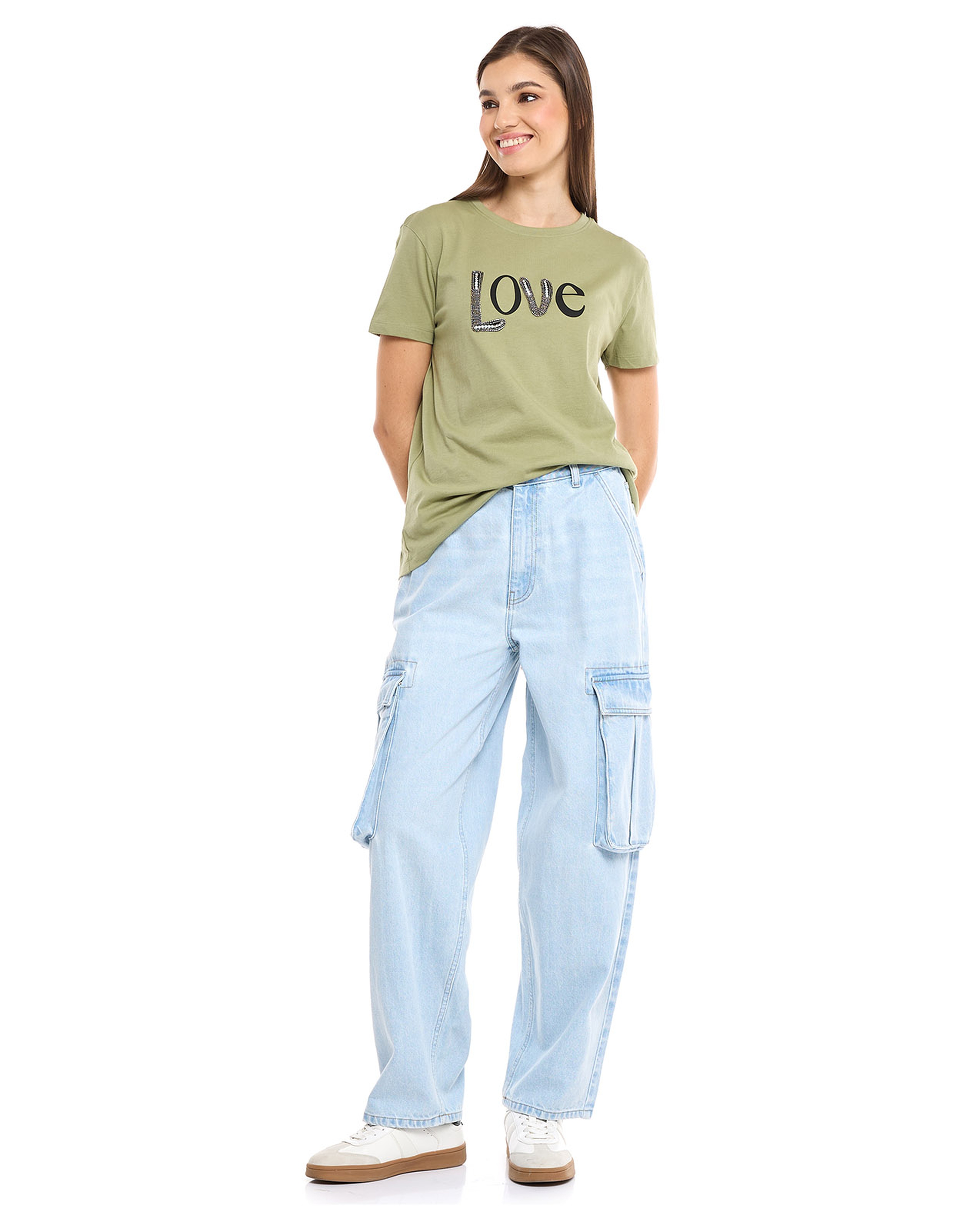 Faded Cargo Jeans with Button Closure