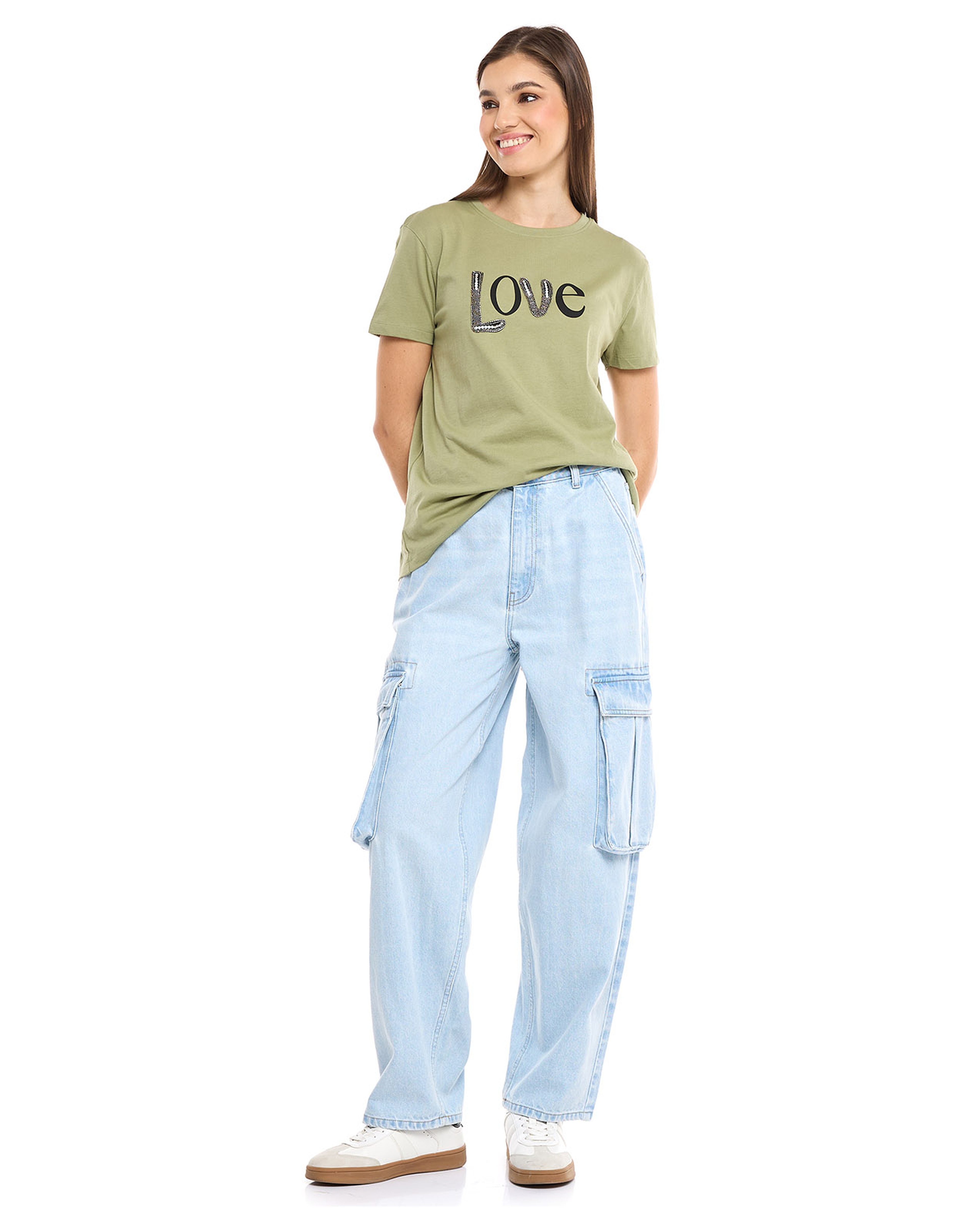 Faded Cargo Jeans with Button Closure