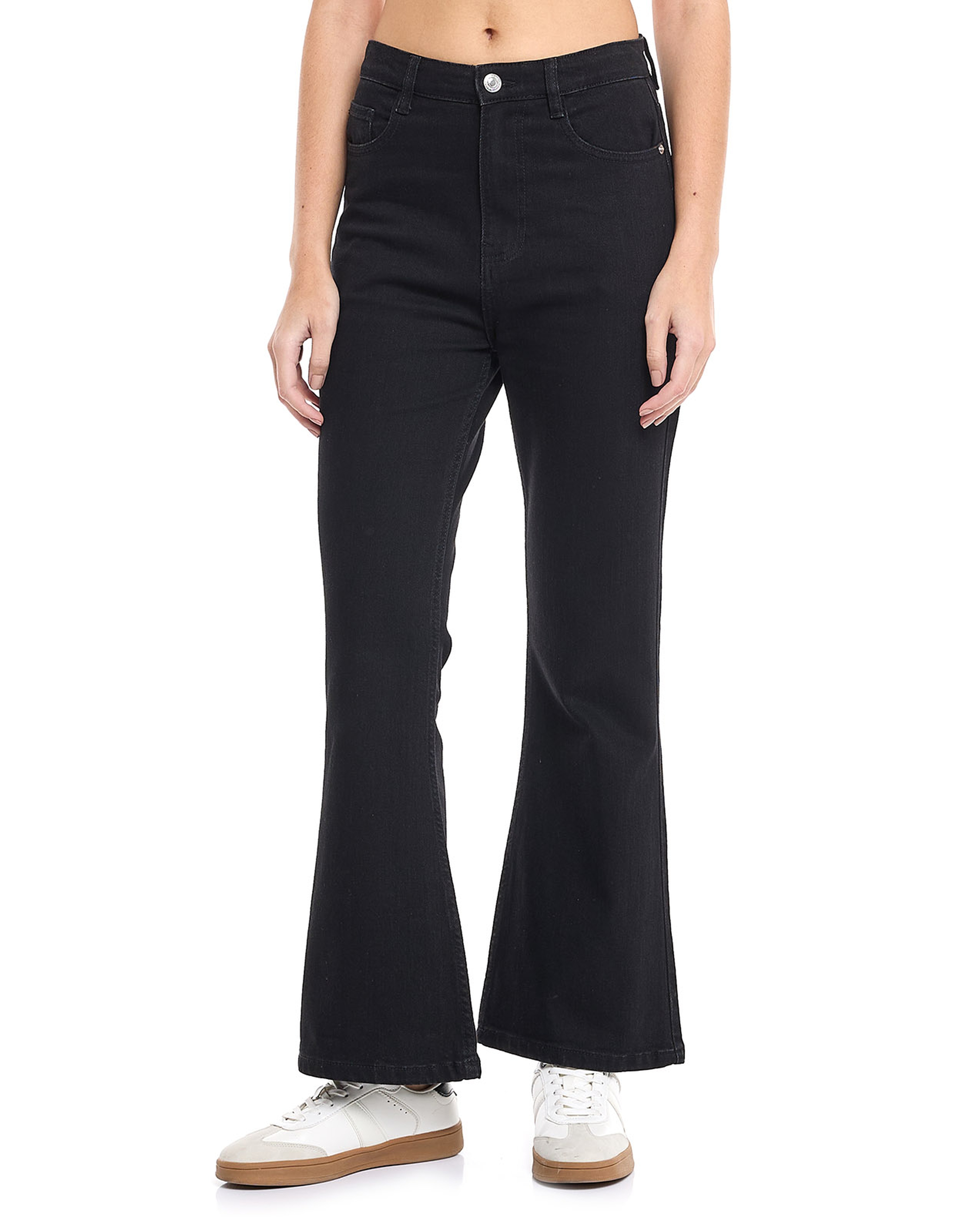 Solid Flared Jeans with Button Closure