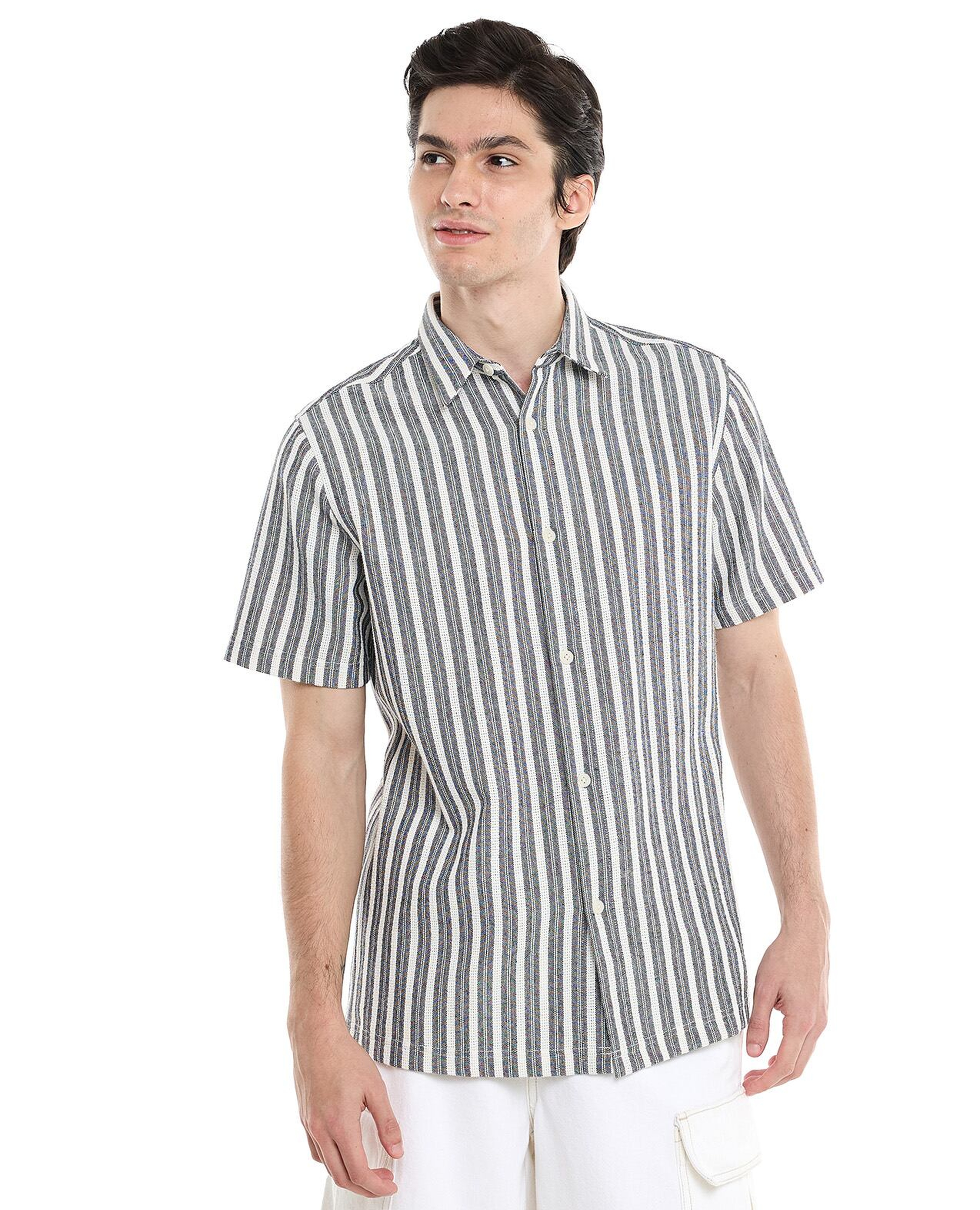 Striped Shirt with Spread Collar and Short Sleeves