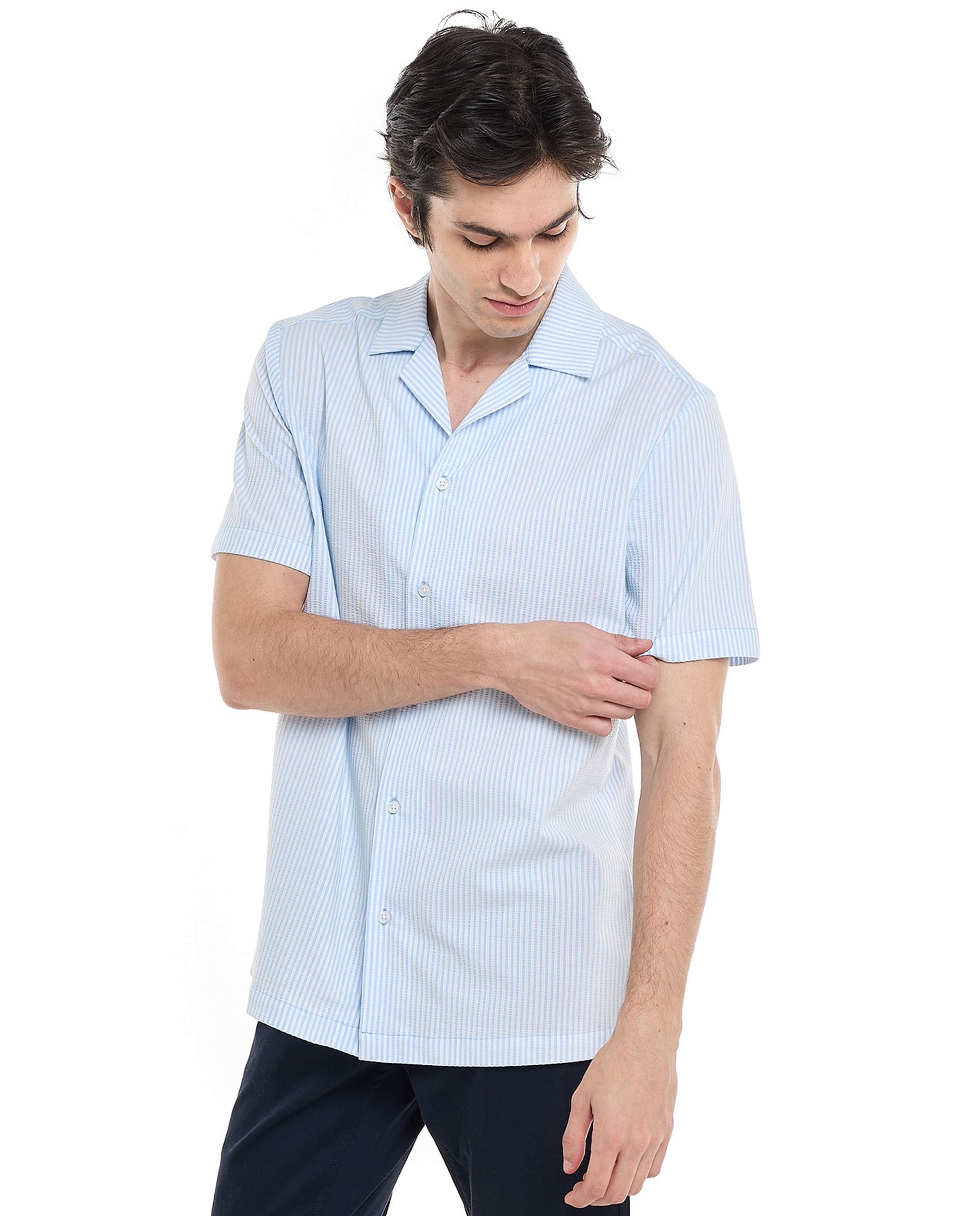 Striped Shirt with Revere Collar and Short Sleeves