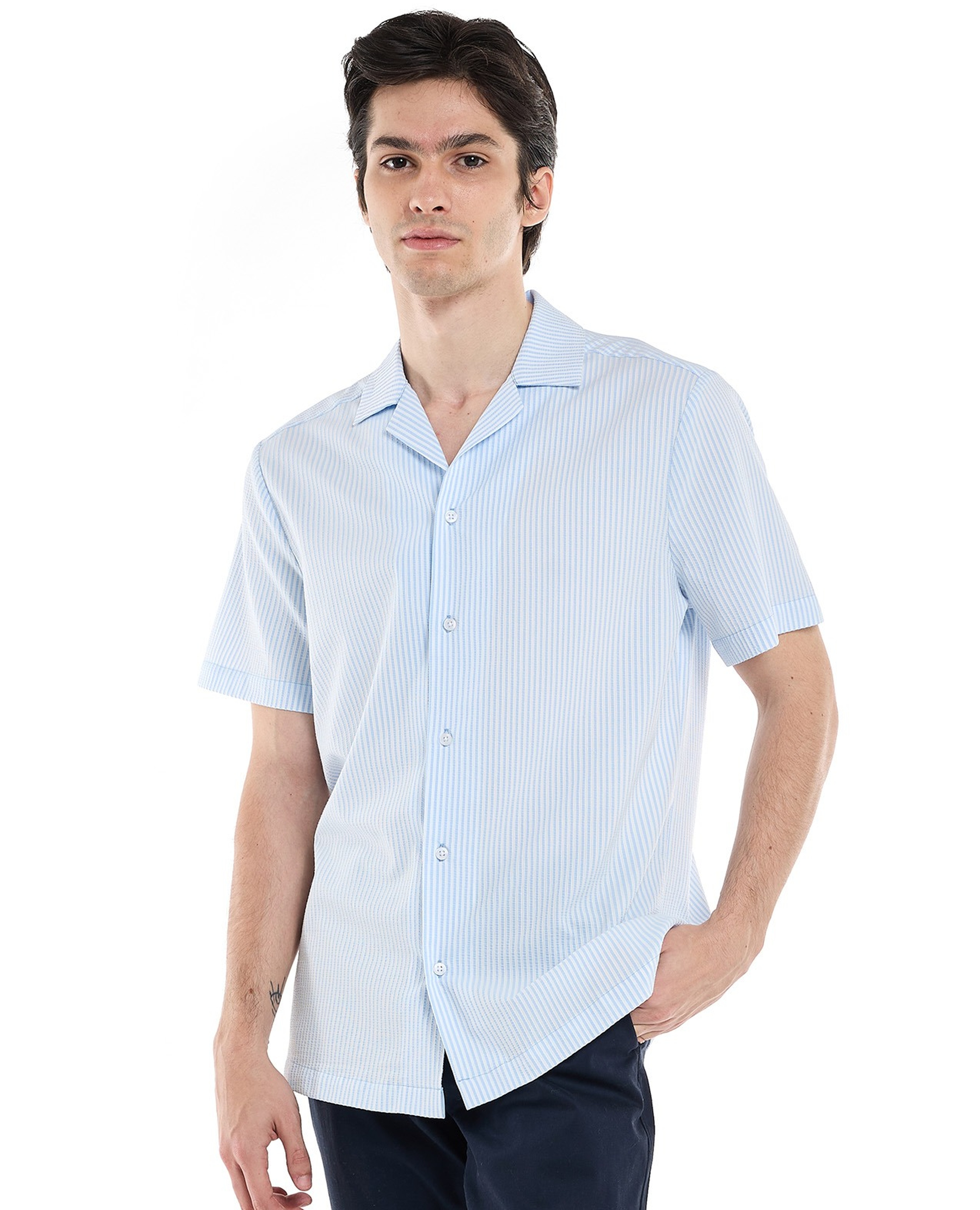 Striped Shirt with Revere Collar and Short Sleeves