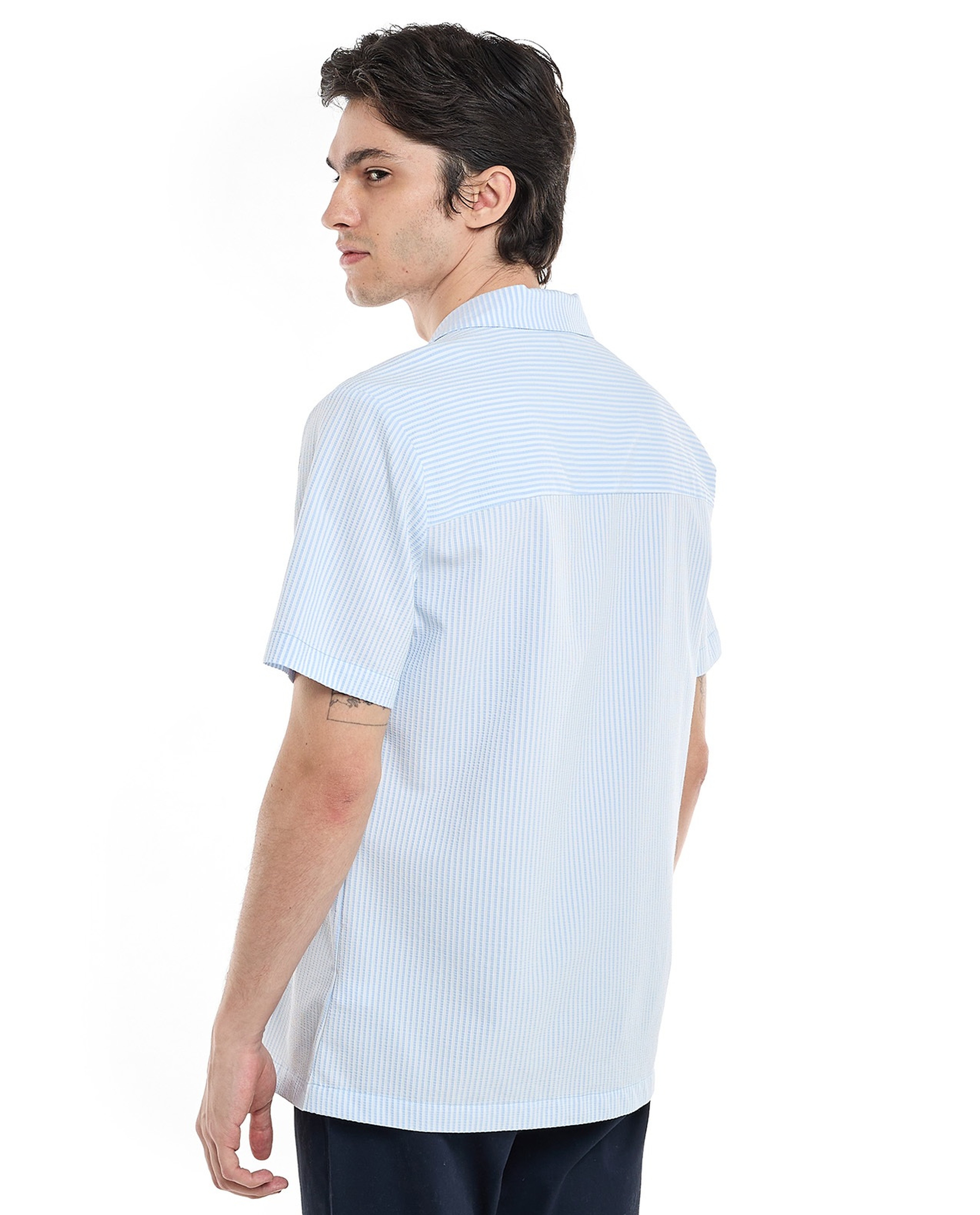 Striped Shirt with Revere Collar and Short Sleeves